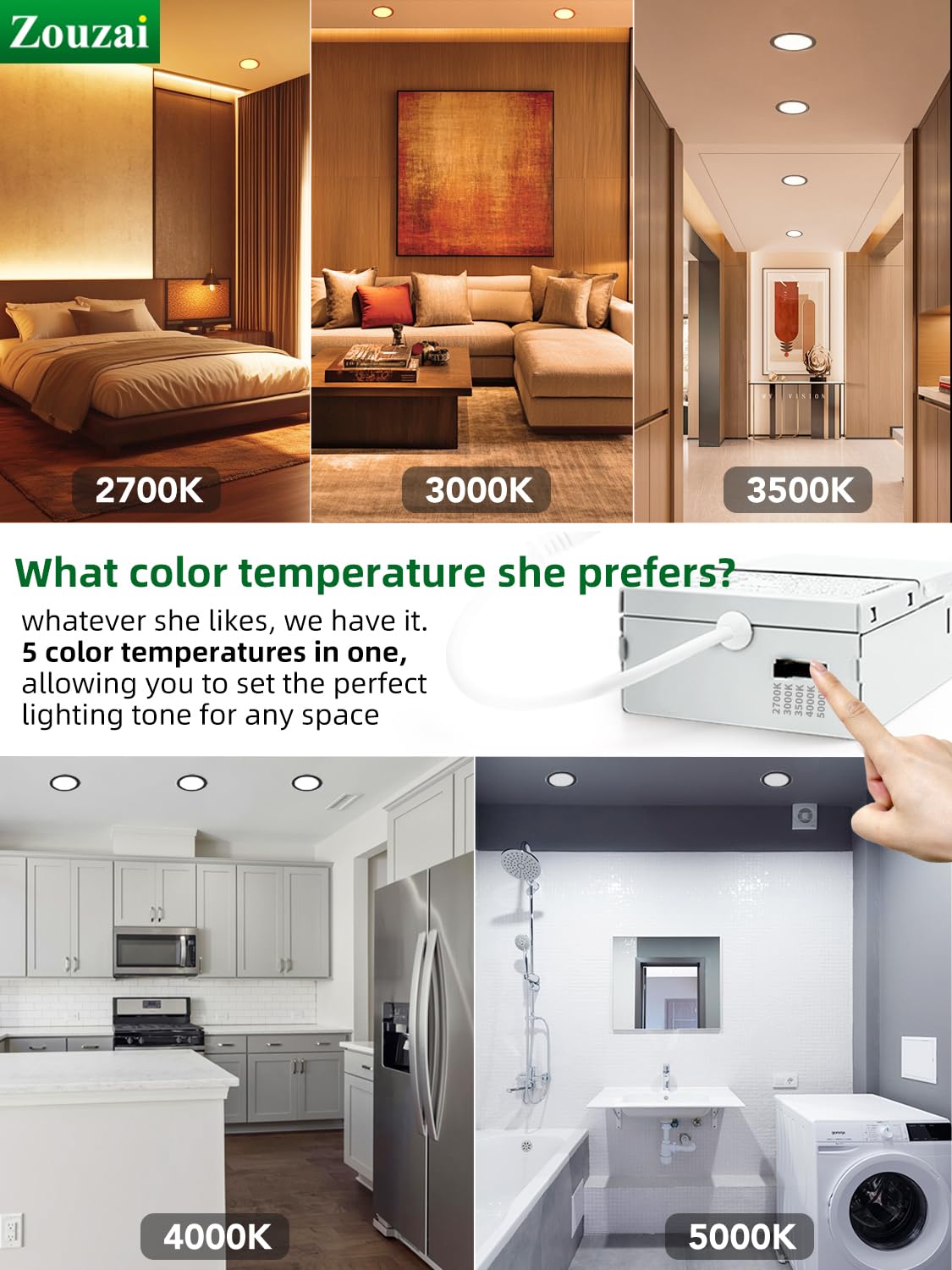 Zouzai 6 Pack 4 Inch Black 5Cct Reset Ultra-Thin Led Recessed Ceiling Light With Junction Box, 2700K/3000K/3500K/4000K/5000K Sel