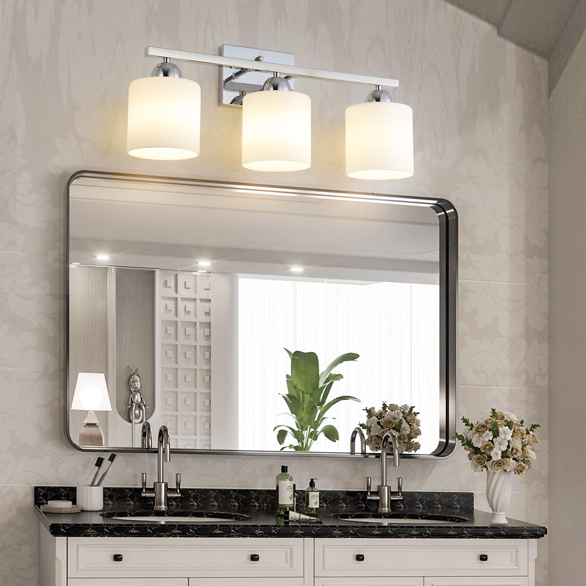 Mecgirn Stainless Steel 3-Light Bathroom Vanity Light, Silver Chrome with Frosted Glass, Model B0003-3-Chrome