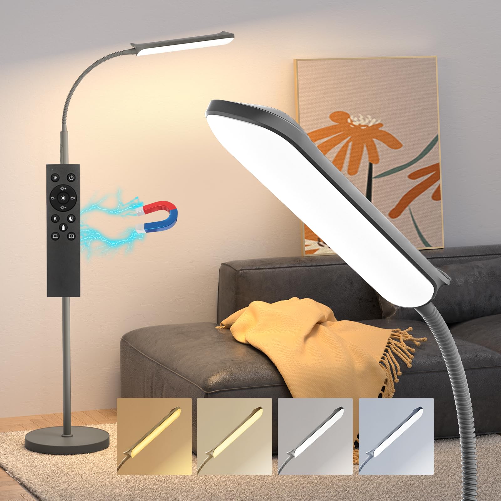 Aisutha LED Floor Lamp, 18W Gooseneck Light with Remote & Touch Control, Gray, Model THFL01101AA-US-F1