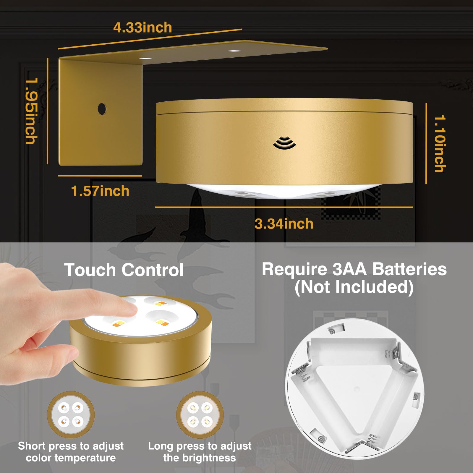 EUIOKUN Wireless Picture Light 3Pack, Battery Operated, Remote Control, Dimmable, Gold, Plastic, Model m1