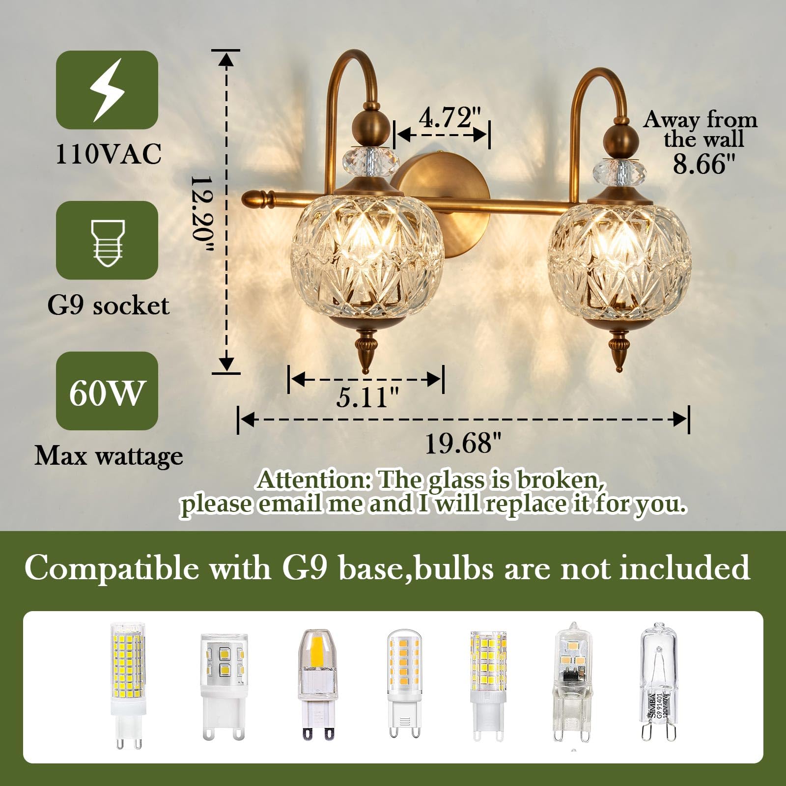 Piepooye Vintage Bathroom Light Fixture - Gold 2-Light G9 Wall Sconce with Glass Globe Shade for Bedroom, Hallway, or Vanity - Model R-3019