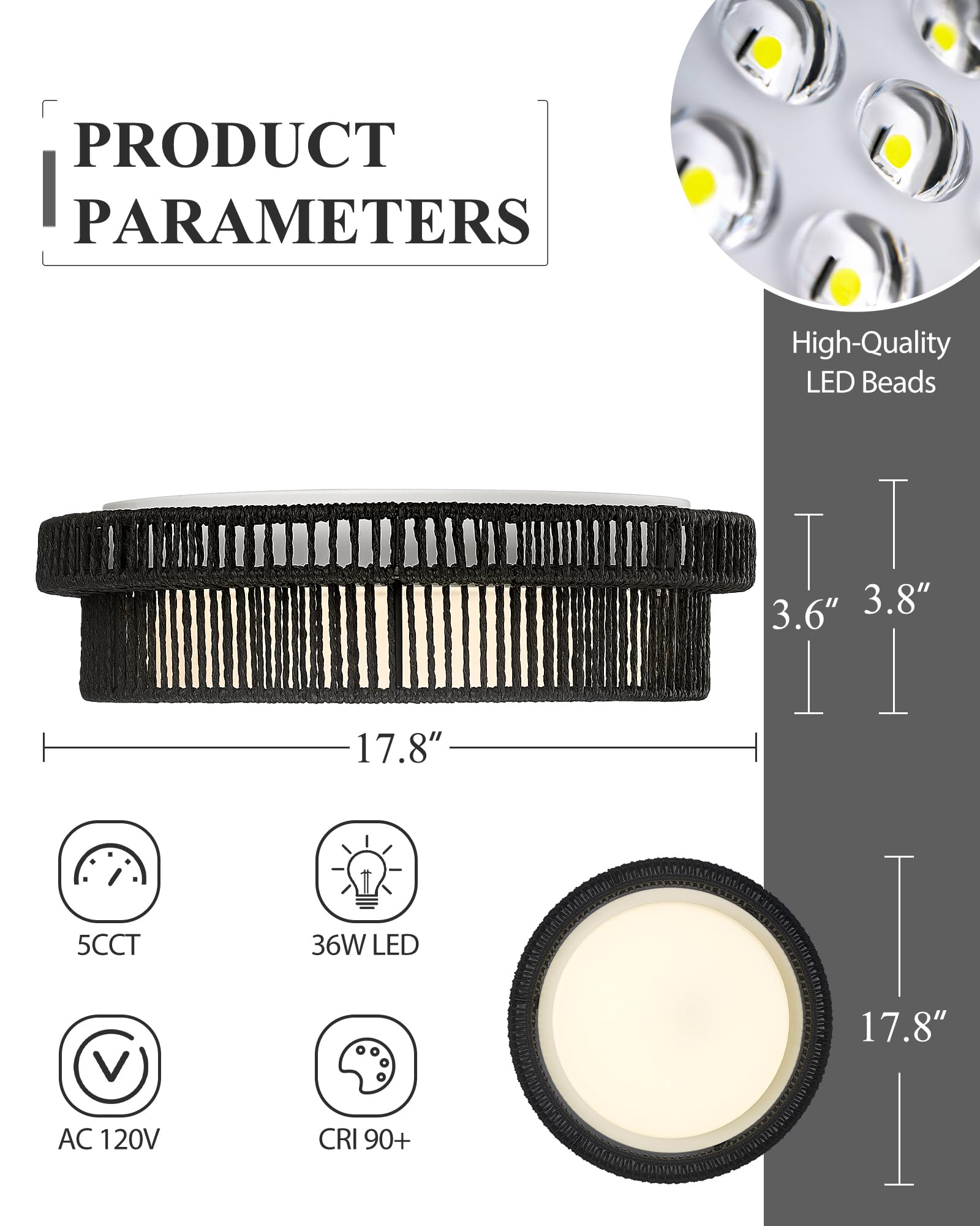 HWH 18in Boho Ceiling Light Fixture, 36W 5CCT LED, Remote Control, Black Finish, Model 5HYS78LF-LED BK