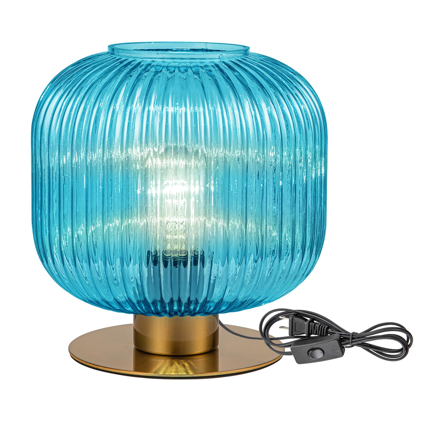 Soutas Side Table Lamp for Living Room, Coastal Table Lamps Blue Desk Lamp with Ribbed Glass Globe, Mid Century Modern Gold Beds