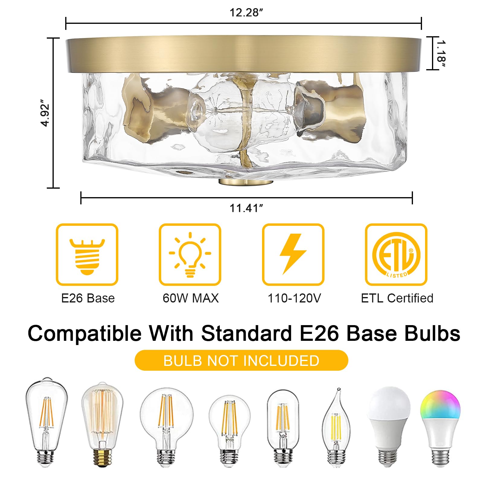 Luminzone 2-Light Flush Mount Ceiling Light, Brushed Gold Iron with Water Ripple Glass Shade, Model 7J10F BG+WG for Bedroom & Living Room