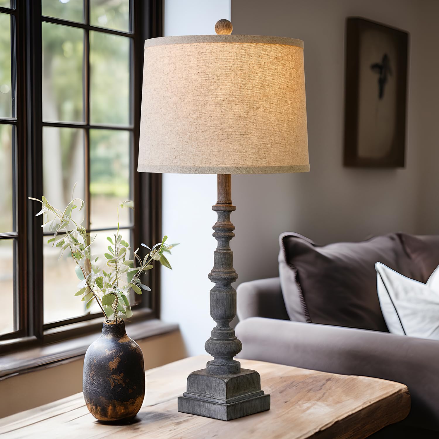 Oneach Vintage Farmhouse Table Lamps Set of 2, USB A+C Ports, Antique Grey, Mid Century Style, Model AMZ-T336USB-ANG