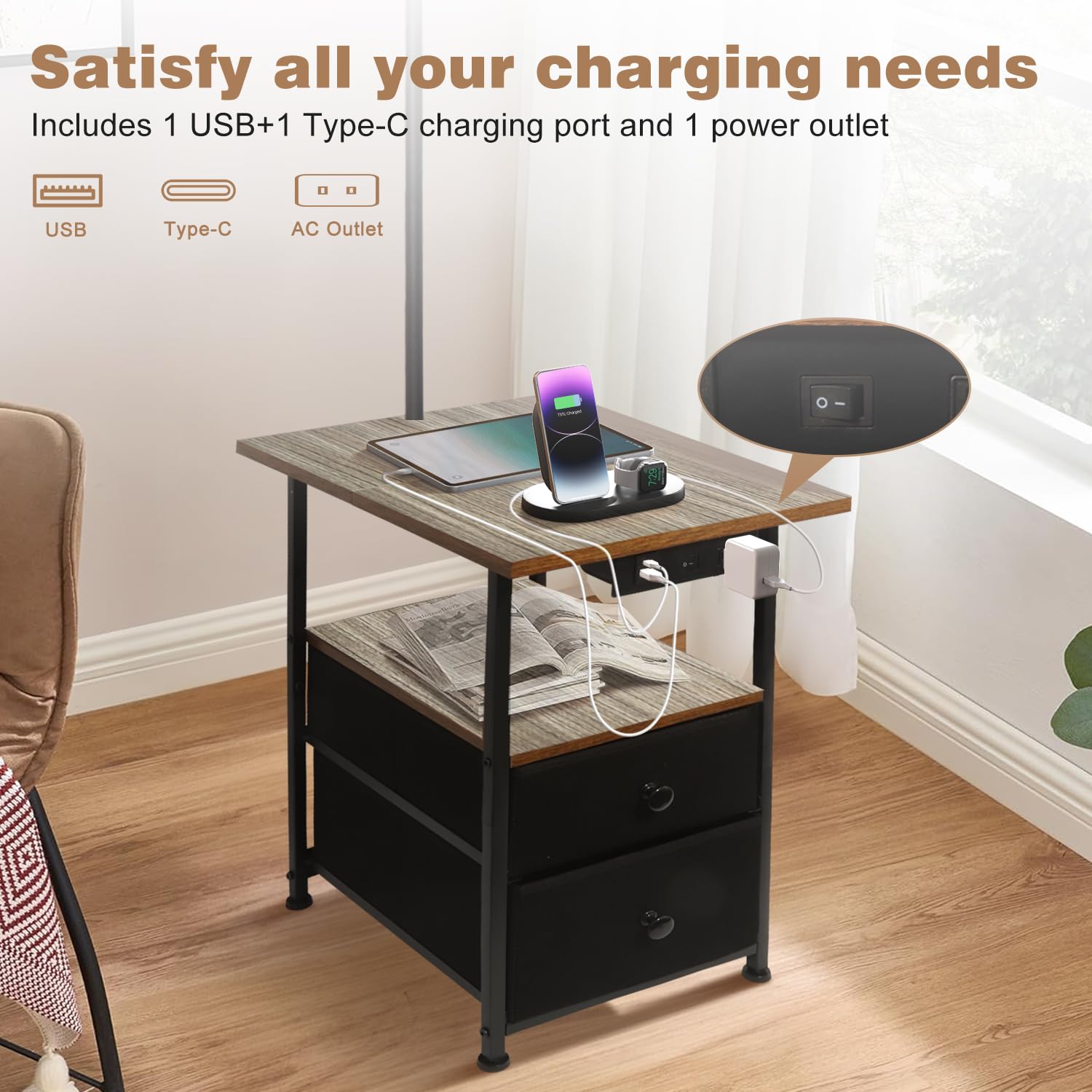 PESRAE Floor Lamp with Table, USB & AC Ports, 3 Color Temperatures, Vintage Grey, Model PFL-009A