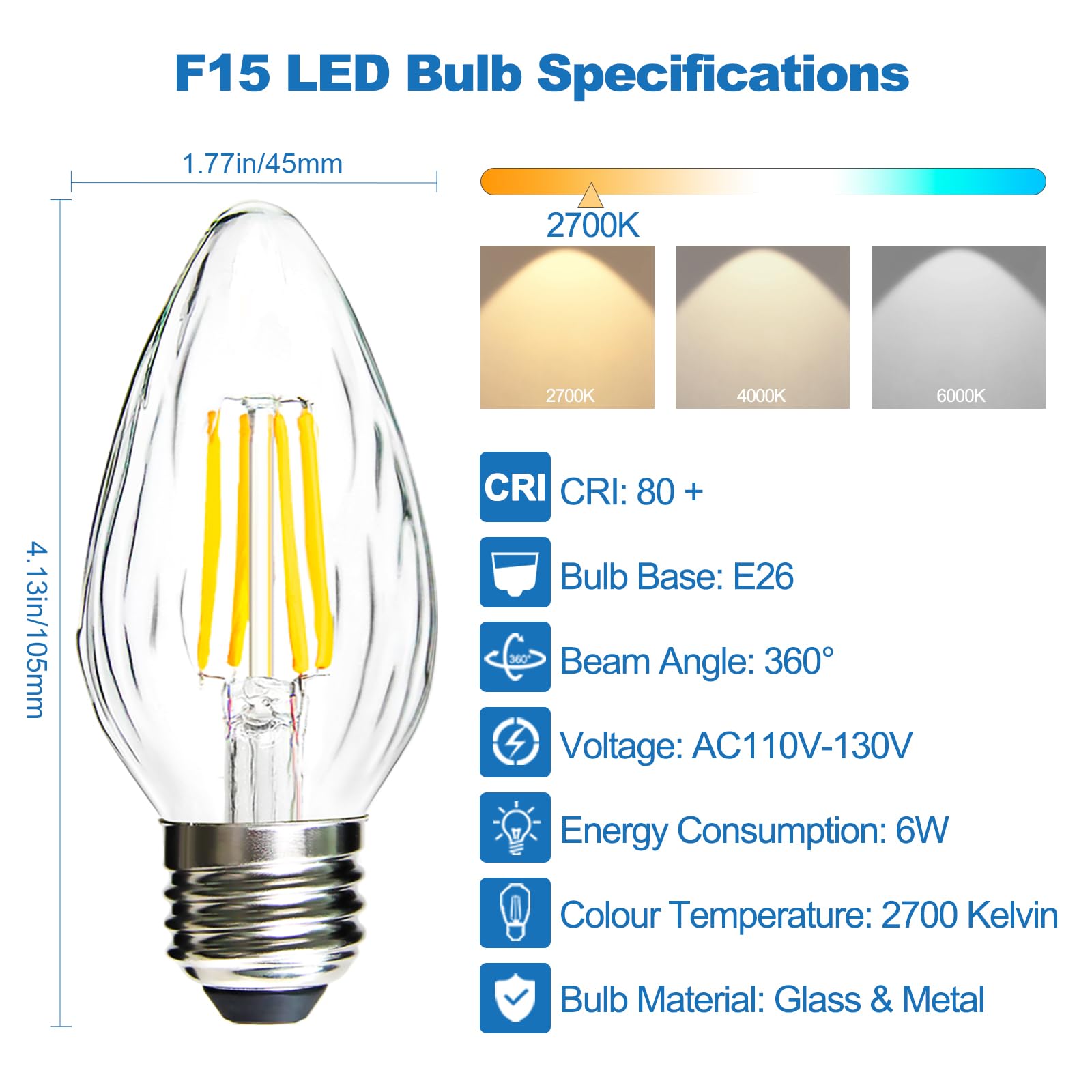 Langplus+ Led Edison Bulbs, Dimmable, F15 Porch Light Bulbs, E26 Base, 6W, Equivalent 60W, 2700K Warm White, Flame Wrinkle Glass