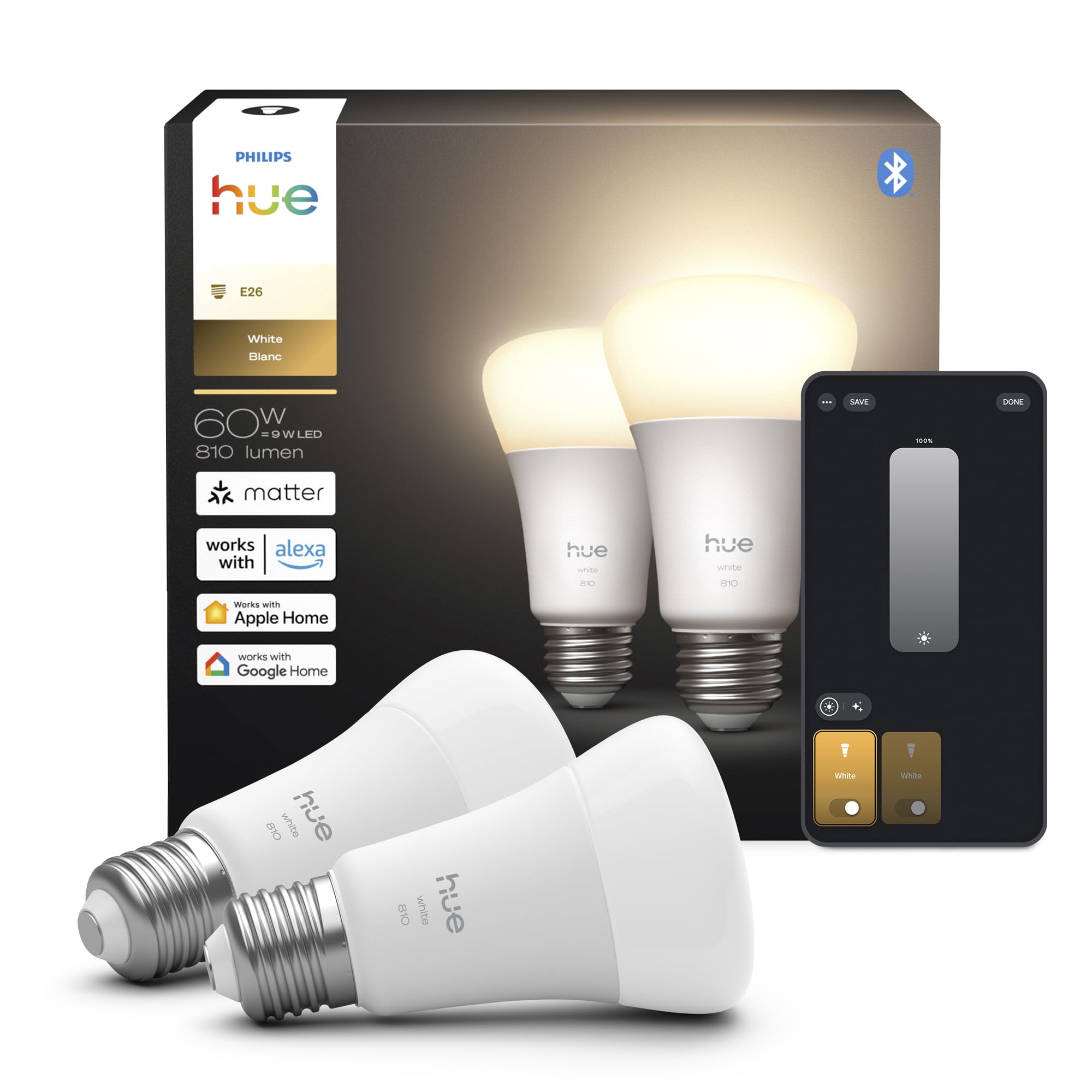 Philips Hue Smart LED A19 Bulb  Warm White Light 2700K  E26 Base  10.5W  1100 Lumens  Dimmable  Works with Alexa  Google Assistant  and Apple Home  2 Pack