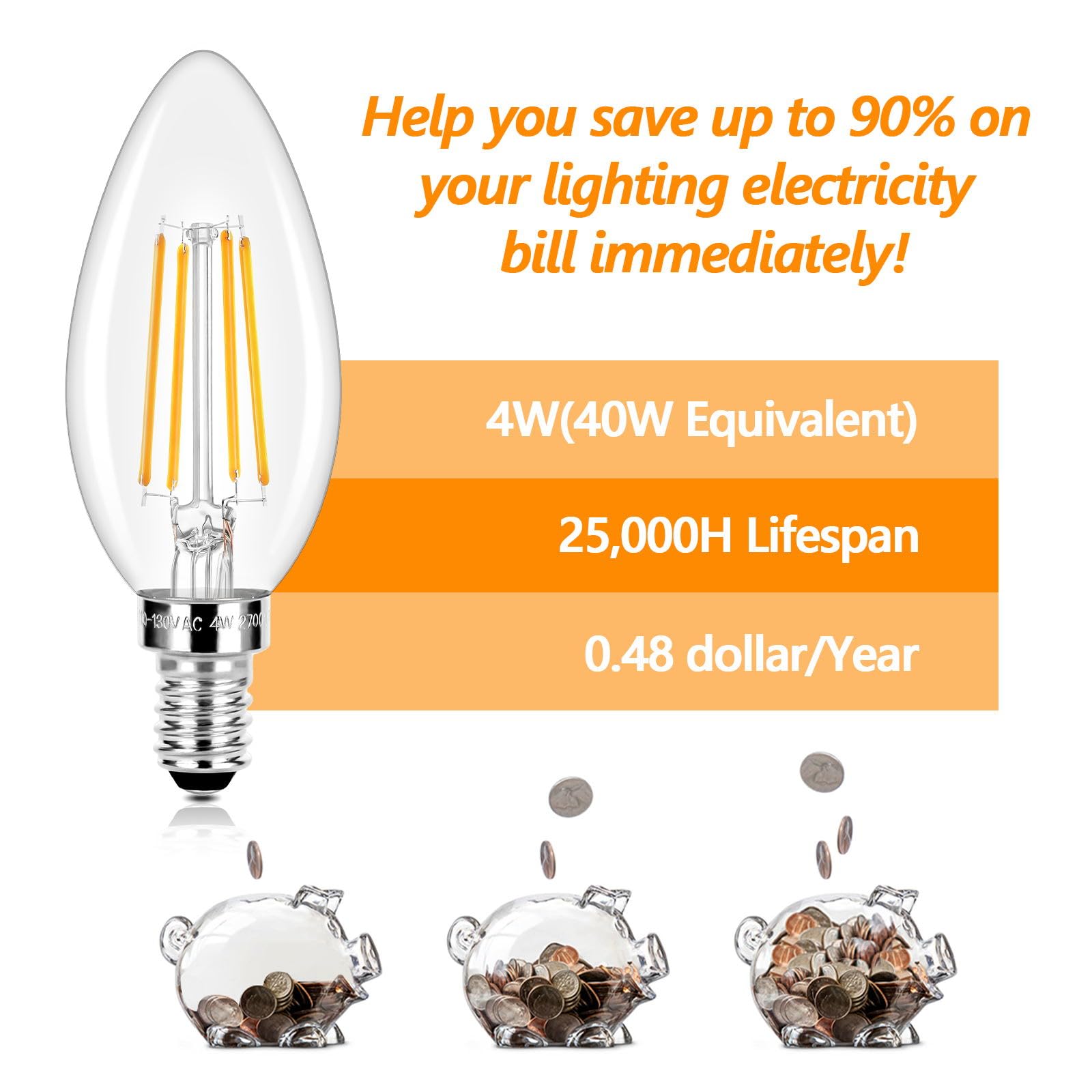 Brightever E12 LED Candelabra Bulbs 4W Vintage Warm White 2700K Pack of 5 Clear Glass Type B