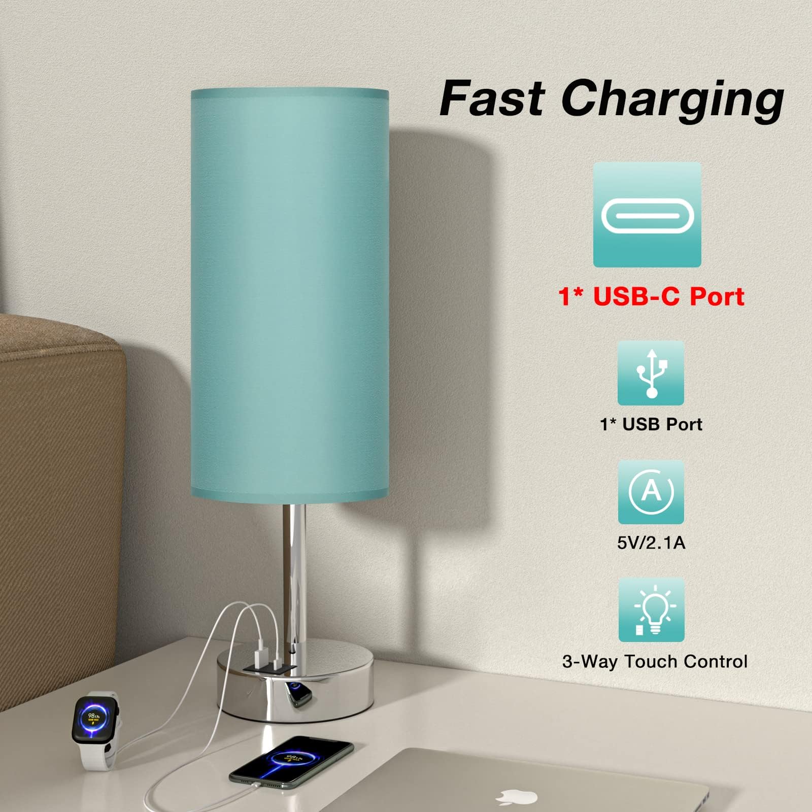 Dicoool Teal Touch Bedside Lamp - 14in Small Coastal Table Lamp with USB-C, USB-A, 3-Way Dimmable, Silver Base