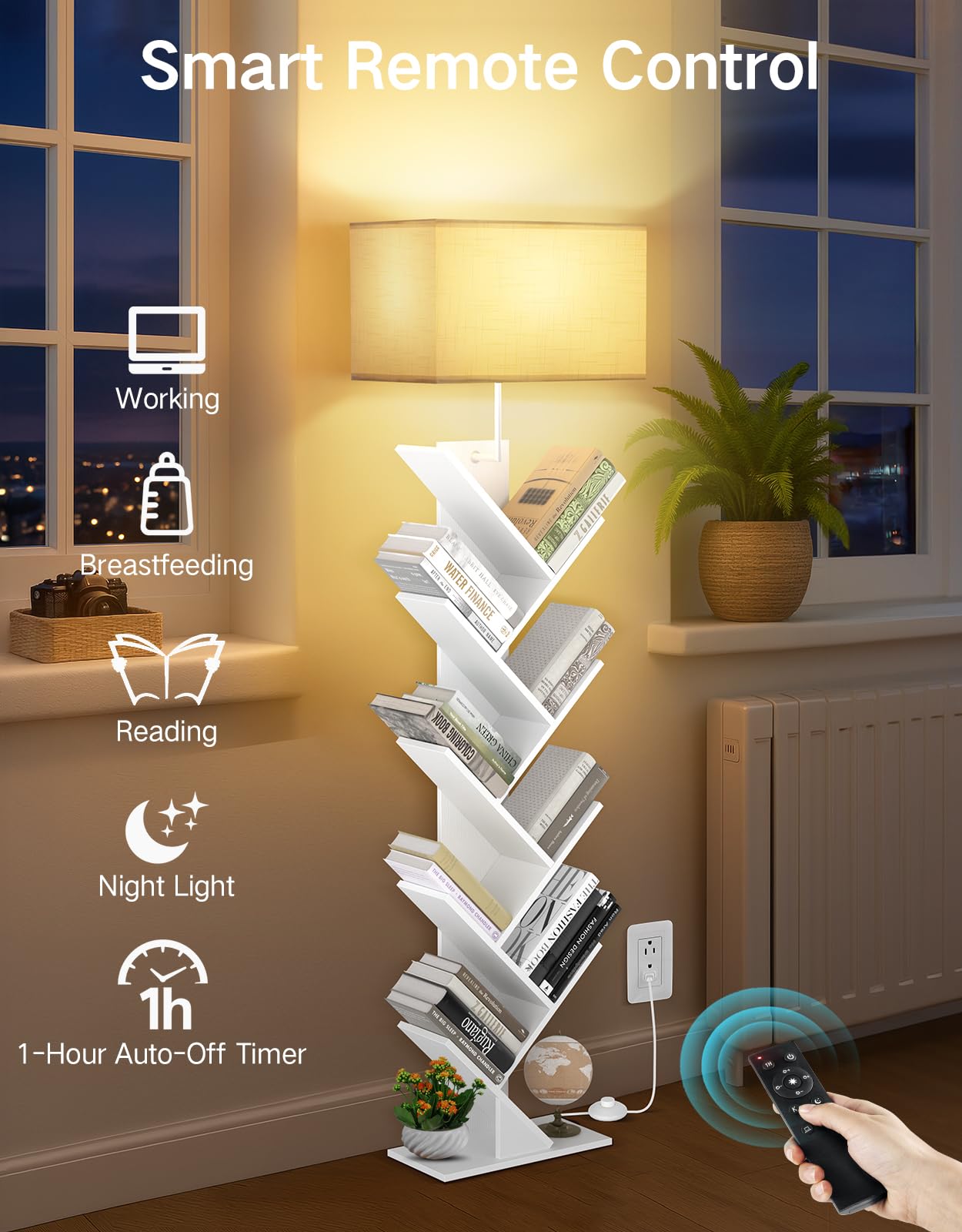 OUTONLIFE 9 Tier Tree Bookshelf with Light, Engineered Wood, 60inH x 13.6inL x 6.7inW, White, Model YMEUSJ05