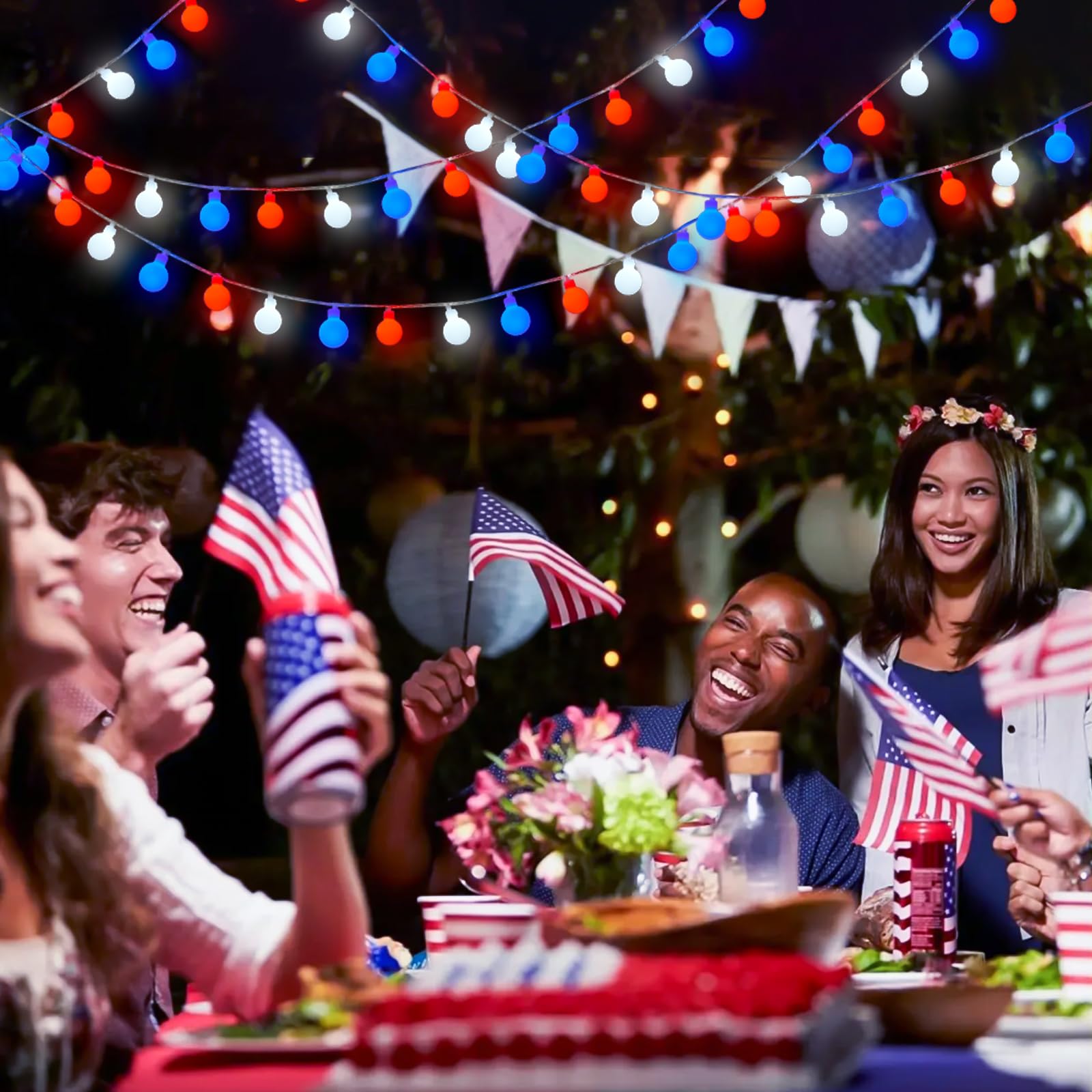 100 Led Globe String Lights Battery Operated Christmas Lights Indoor, 33Ft Battery Powered String Lights Outdoor Waterproof, 8 Modes Red White And Blue Lights For Patriotic Christmas Decorations