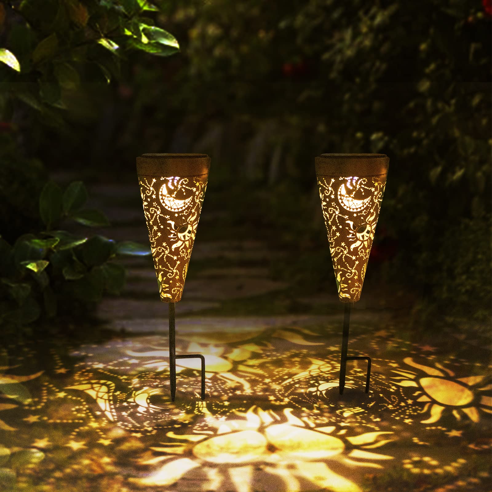 DIBIEECN 6 Pack Sun and Moon Solar Pathway Lights Outdoor,Metal Garden Decorations Outdoor Lights with Patterns and Warm Light,W
