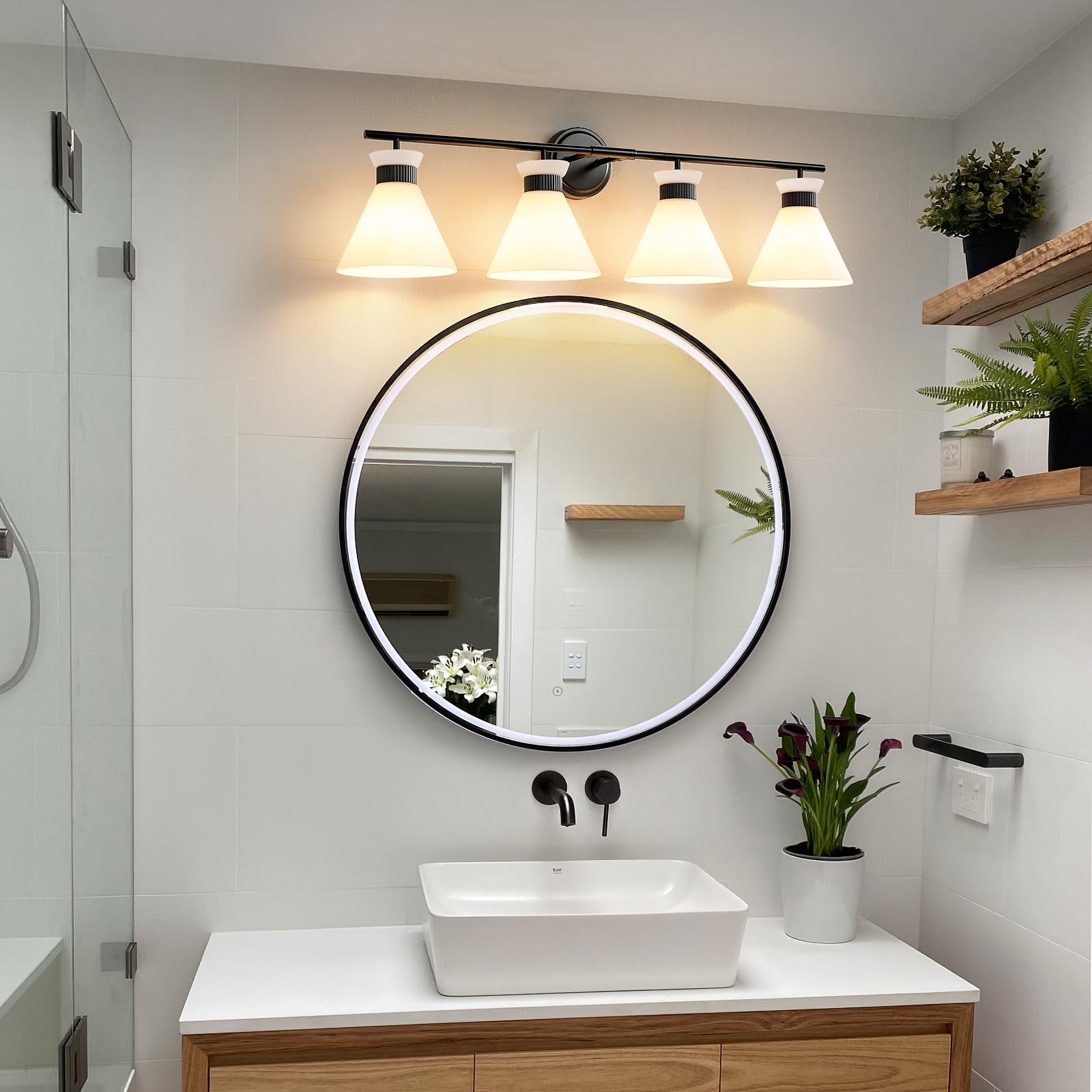 WOSHITU Black Bathroom Vanity Light Fixtures, 4-Light Metal Over Mirror Lighting, 36" with Milky White Frosted Glass, Vintage Farmhouse Style