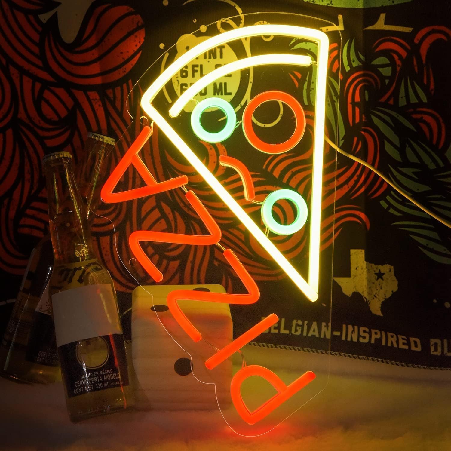 attneon Pizza Neon Sign - LED Wall Decor for Pizzeria, Kitchen, Store - 14.6x8.3 Inch, Acrylic - Red/Yellow/Green