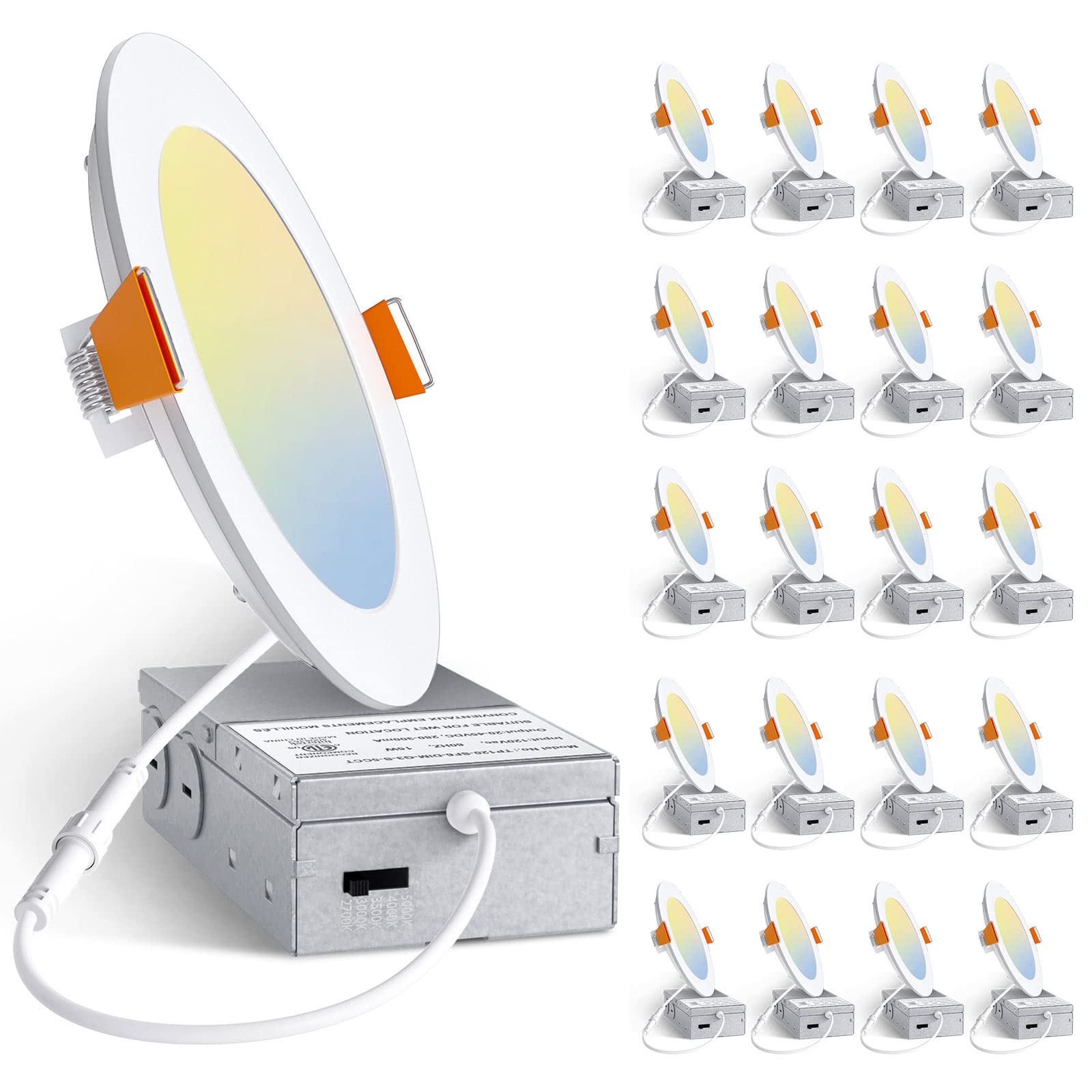 Amico 20 Pack 6 Inch 5Cct Ultra-Thin Led Recessed Ceiling Light With Junction Box, 2700K/3000K/3500K/4000K/5000K Selectable, 12W