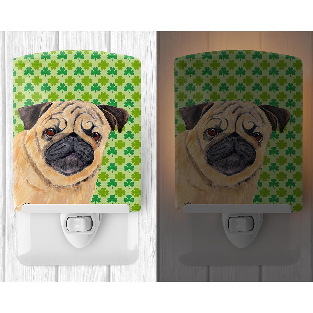 Caroline'S Treasures Sc9291Cnl Pug St. Patrick'S Day Shamrock Portrait Ceramic Night Light Compact, Ul-Certified, Ideal For Bedroom, Bathroom, Nursery, Hallway, Kitchen, 6X4X3, Multicolor