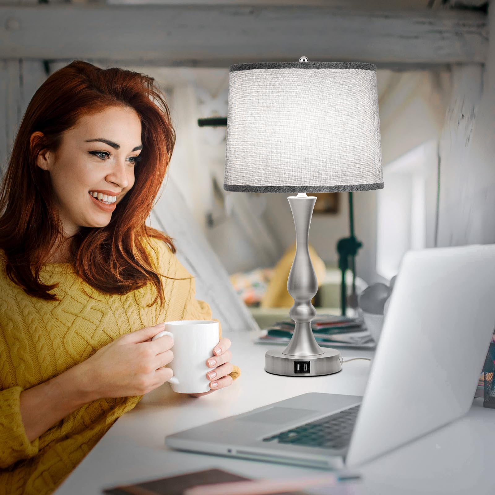 Seaside Village Drum Lampshades Set of 2, Gray Fabric, 11.6in Top x 12.6in Bottom x 9.8in High, Easy Assembly, Spider F