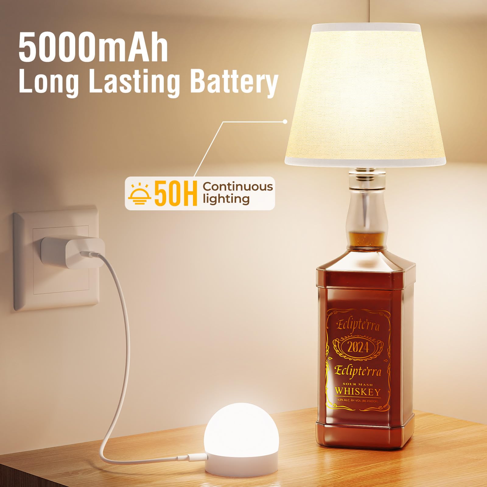 Eclipterra Cordless LED Bottle Lamp - 5000mAh, Portable Wireless Table Lamp, White, 1 Pack, Model EC-Wall Sconce 01