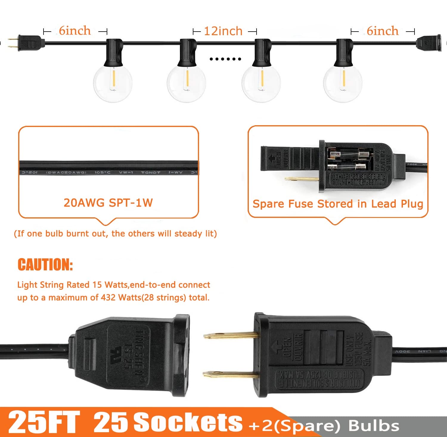 Abeja G40 LED Globe String Lights, 25Ft, 25 Shatterproof Bulbs, Waterproof, Black Wire, Outdoor Patio Lights