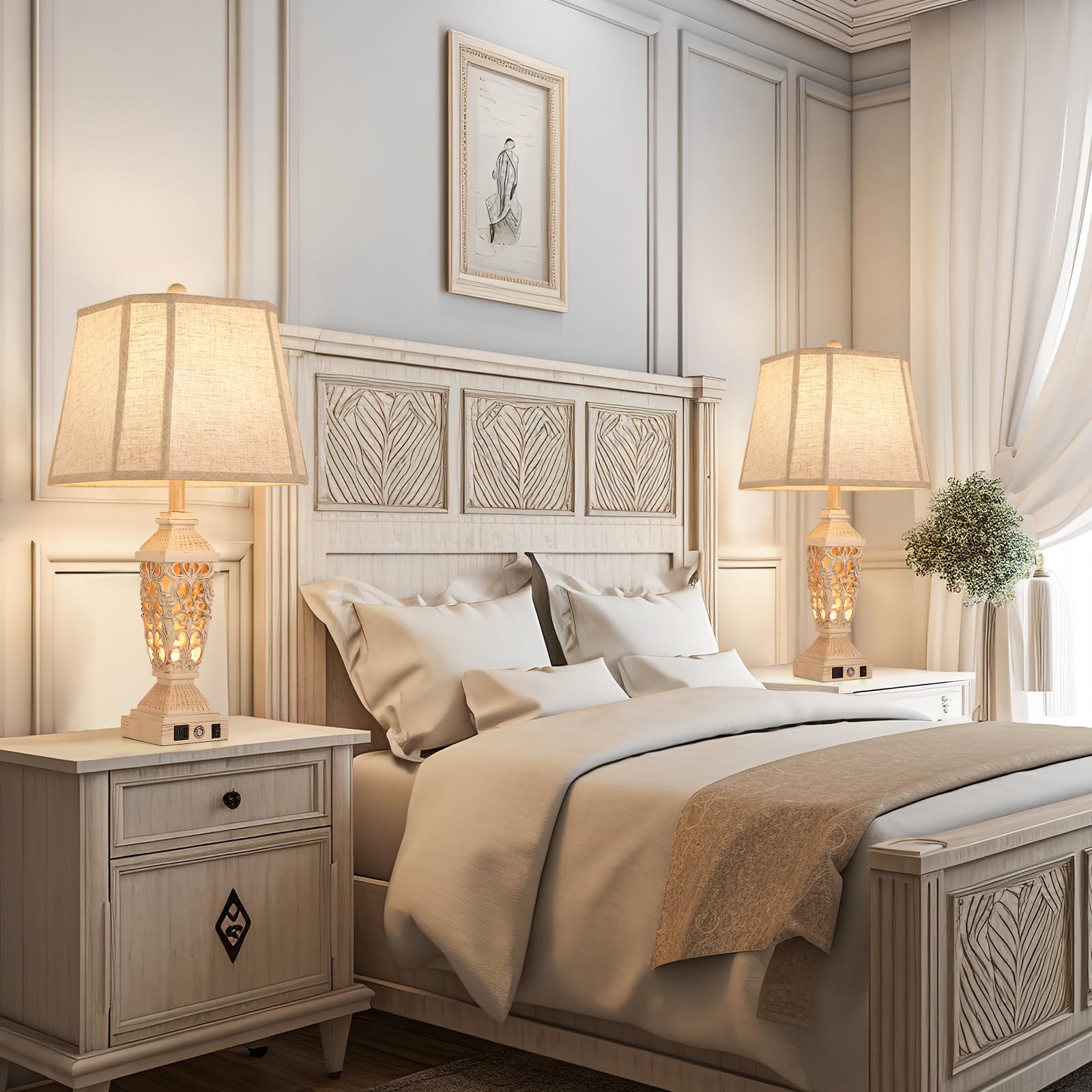 Aidenoey Farmhouses Table Lamp With Usb & Usb-C Charging Ports, 3-Color Dimmable & Stepless Bottom Dimming, Touch Control & Swit