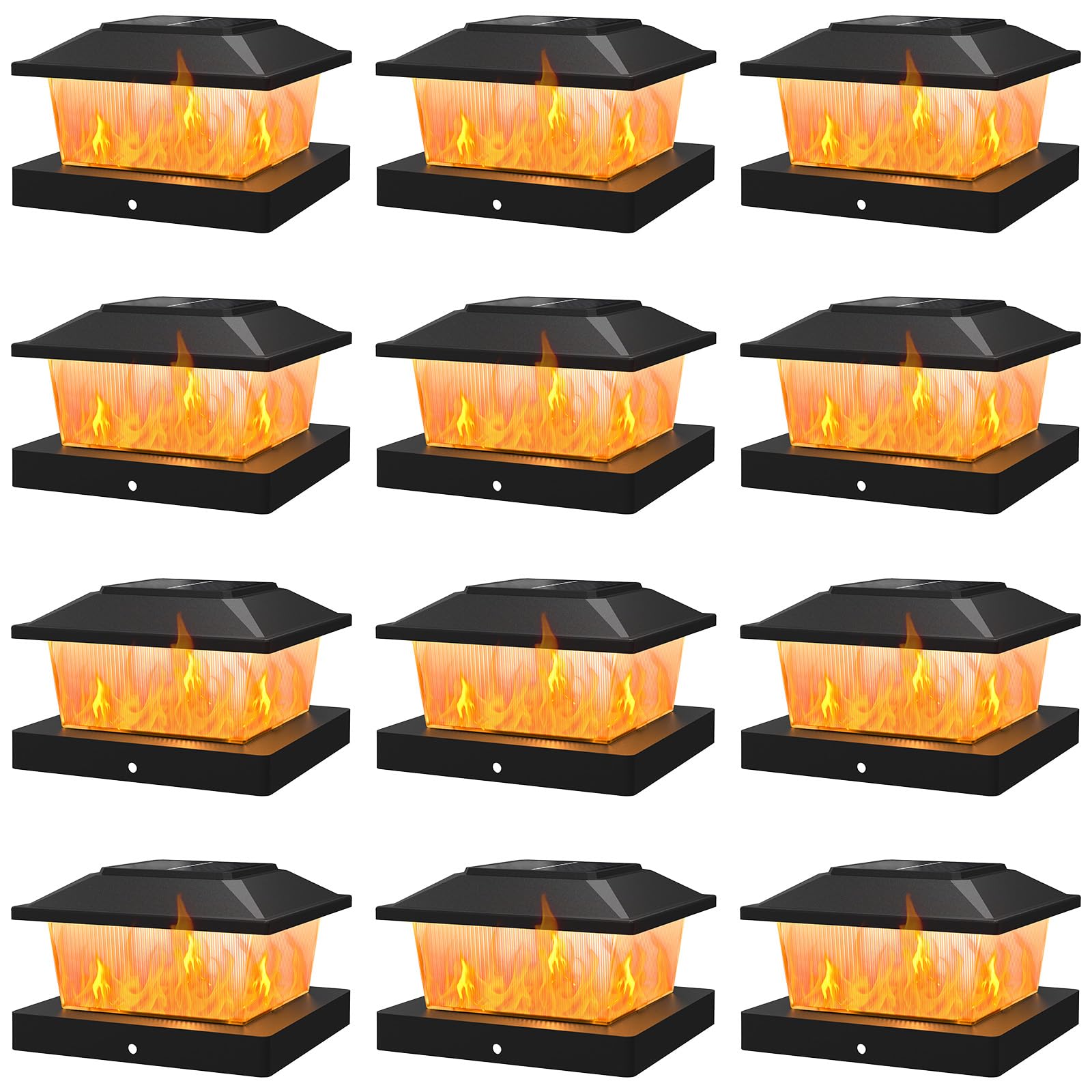 APONUO Solar Post Cap Lights with Flickering Flame & Warm White  12-Pack for 4x4 Wood/Vinyl Posts  Solar Powered Deck & Fence Lights  Auto On/Off  IP65 Waterproof  Glossy Black