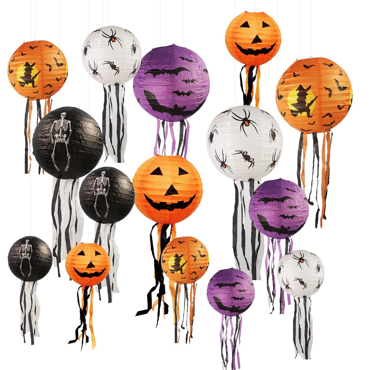 15 PCS Halloween Pumpkin Paper Lantern Jack-O-Lantern with Whiskers, Spider Bat Skeleton Pumpkin Lanterns for Halloween Party We