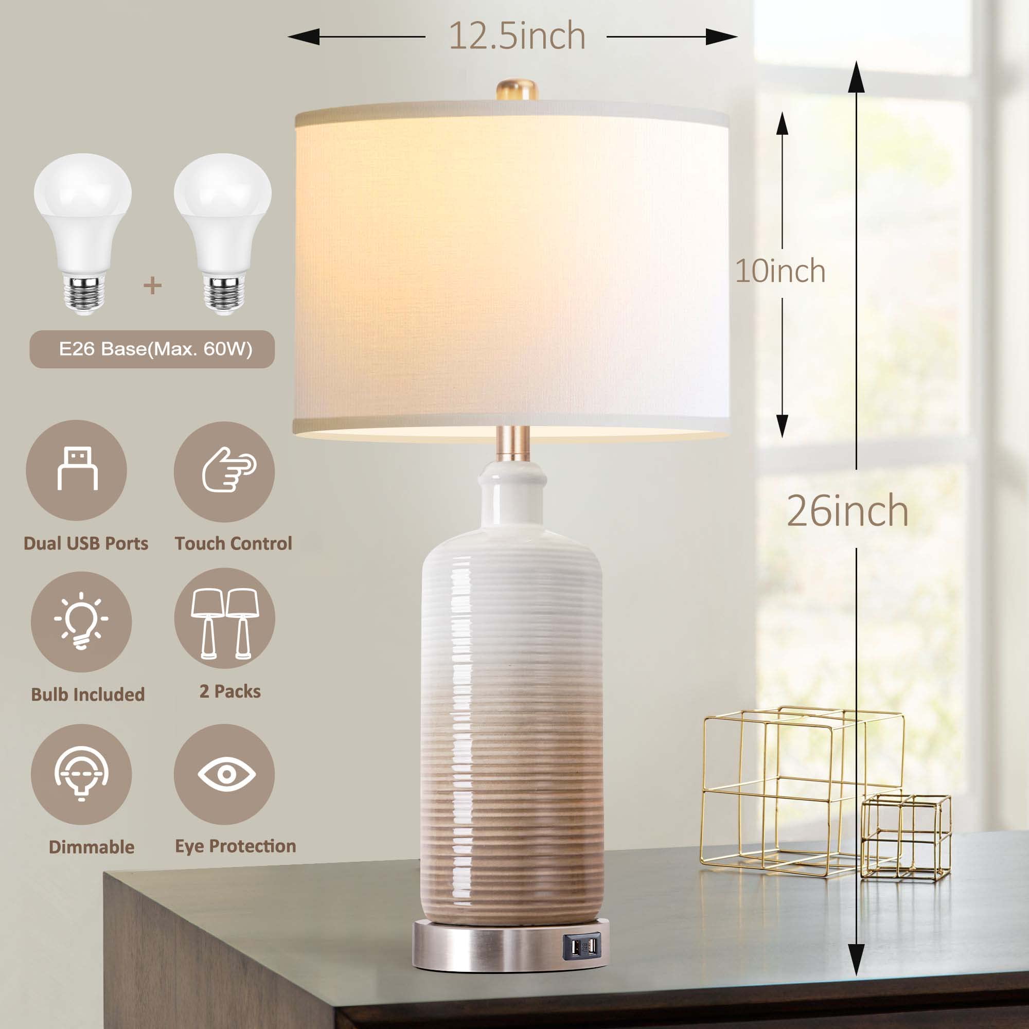 Vpazg Ceramic Table Lamps Set Of 2, 3-Way Dimmable, Usb Charging, White Linen Shade