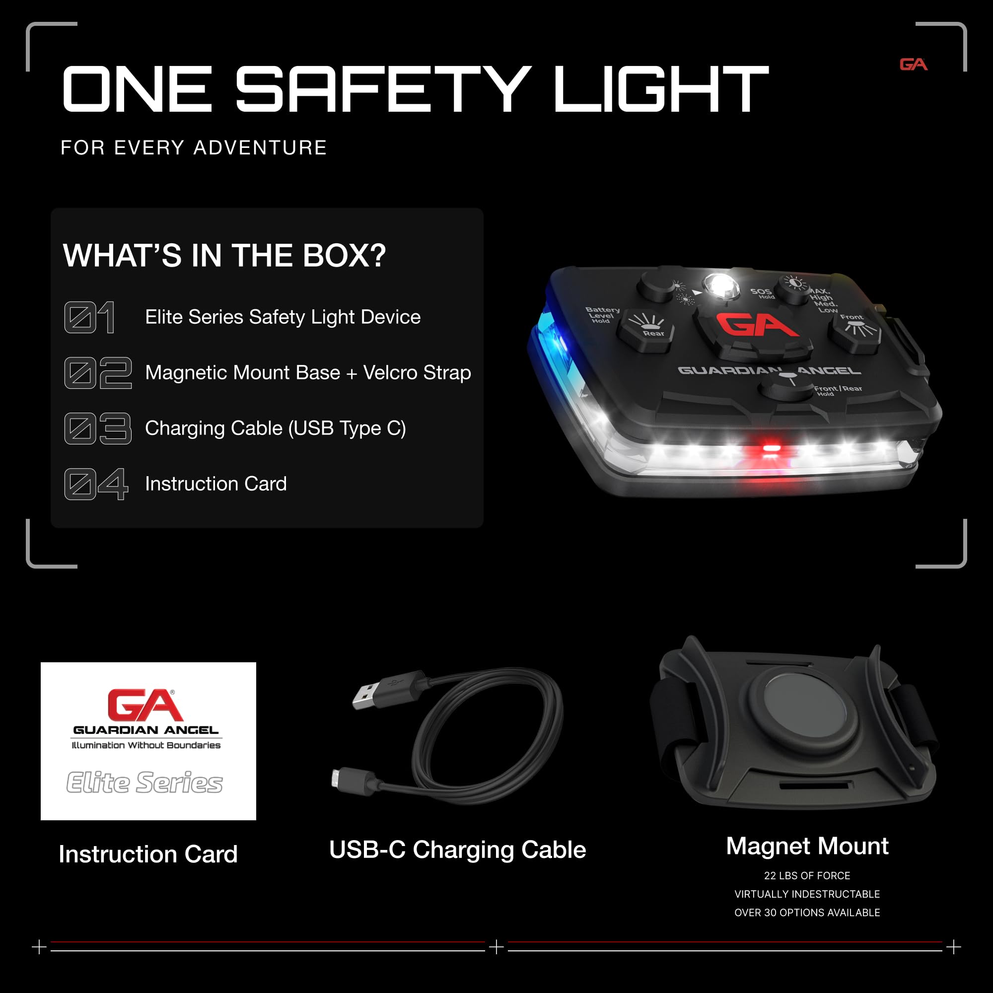 Guardian Angel Elite Series Safety Light (White Front & Blue/Yellow Rear) - Rechargeable, Magnetic, Hands-Free Wearable & Mounta