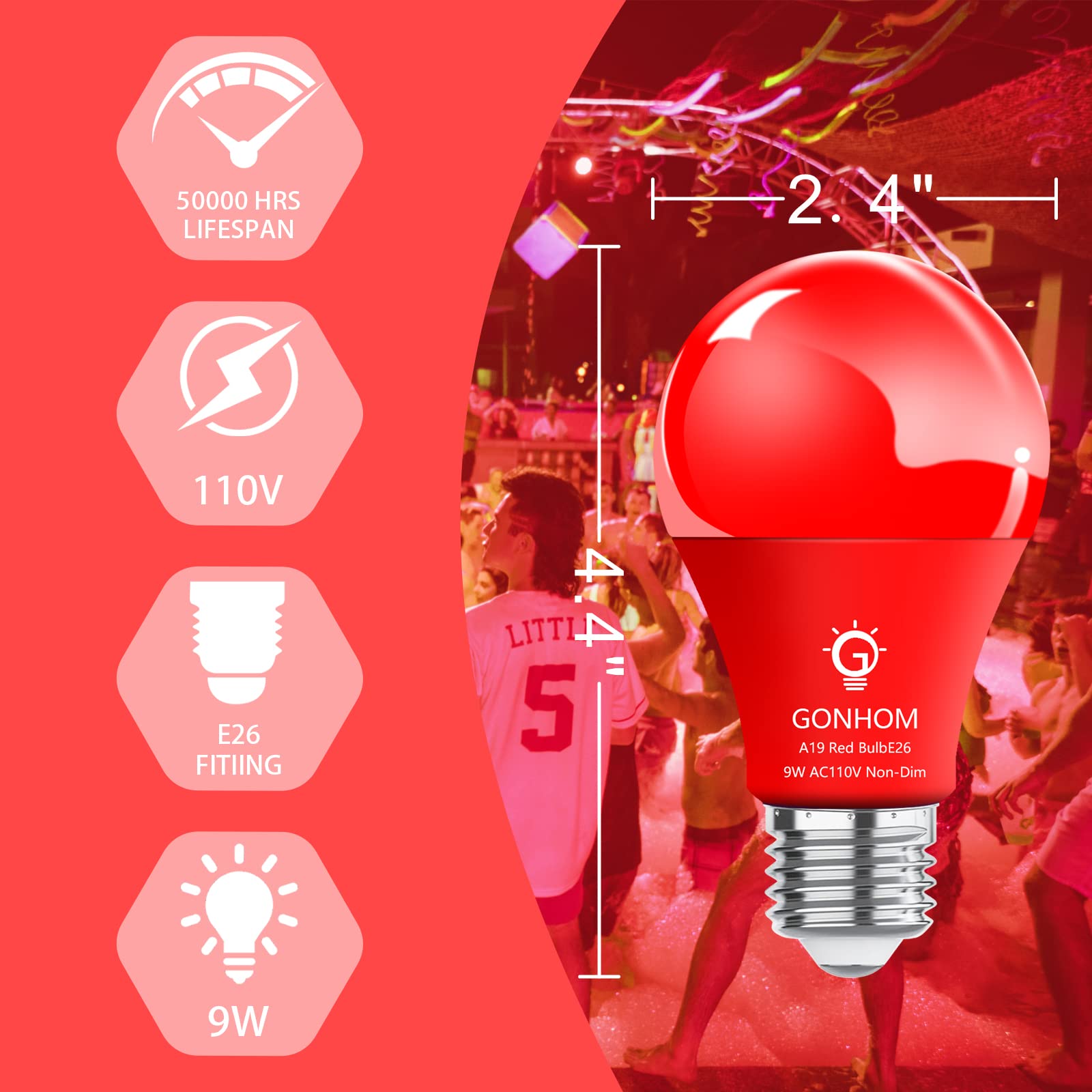 Gonhom 2 Pack Red Led A19 Light Bulbs, 9W Equivalent For Holiday & Decorative Lighting