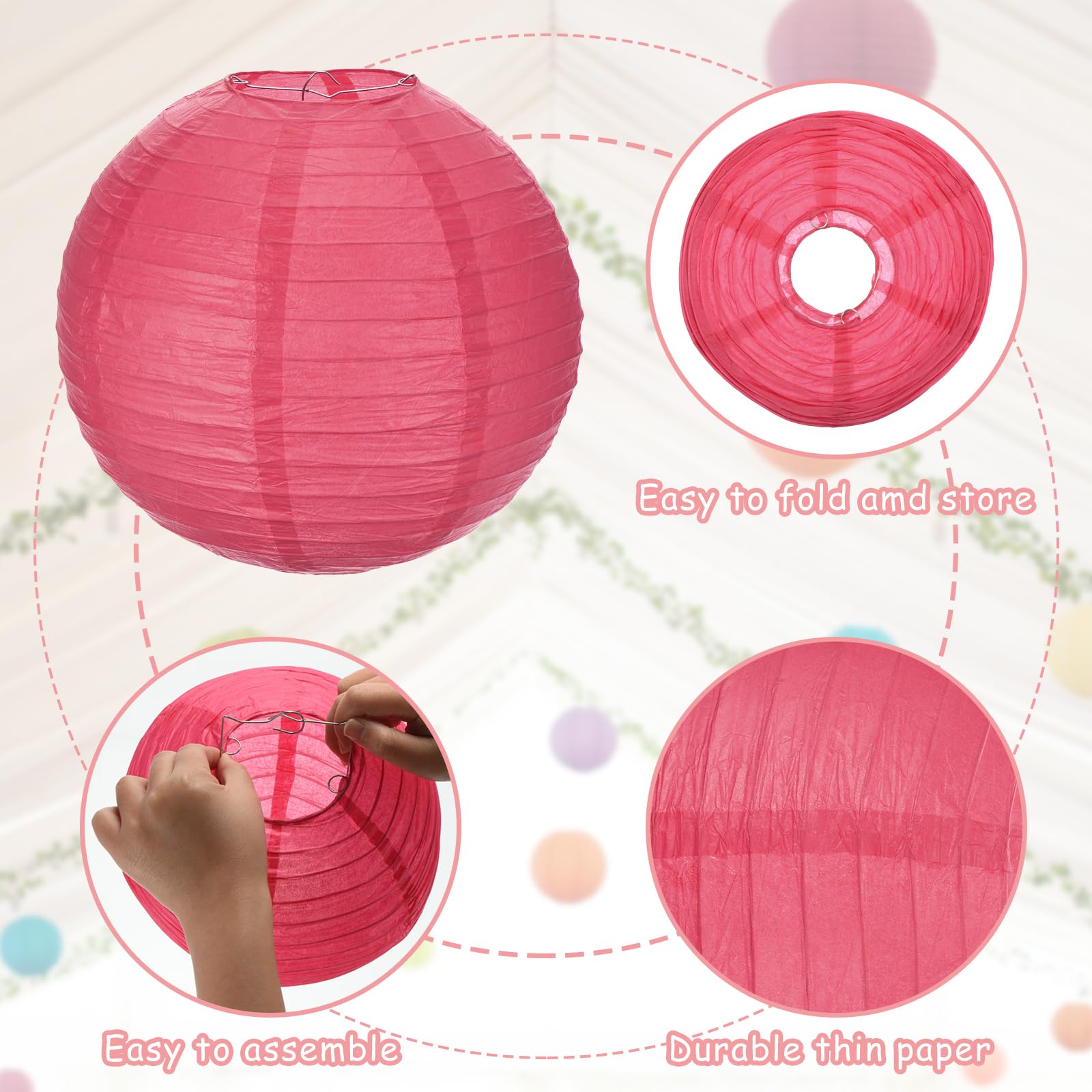 Meccanixity 6Pcs Paper Lanterns Decorative, 6'' 8'' 12'' Dark Rose Red Round Hanging Lantern Chinese Lanterns For Home Decor, Bi