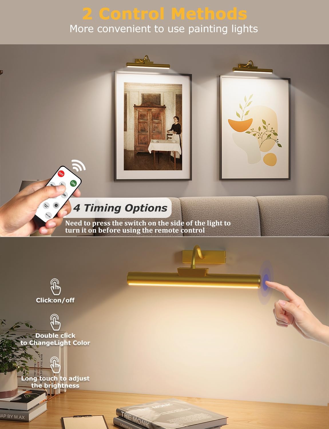 Skairipa Picture Light - 13in Battery Operated Art Light, Dimmable, Remote Control, Gold - 2Pack