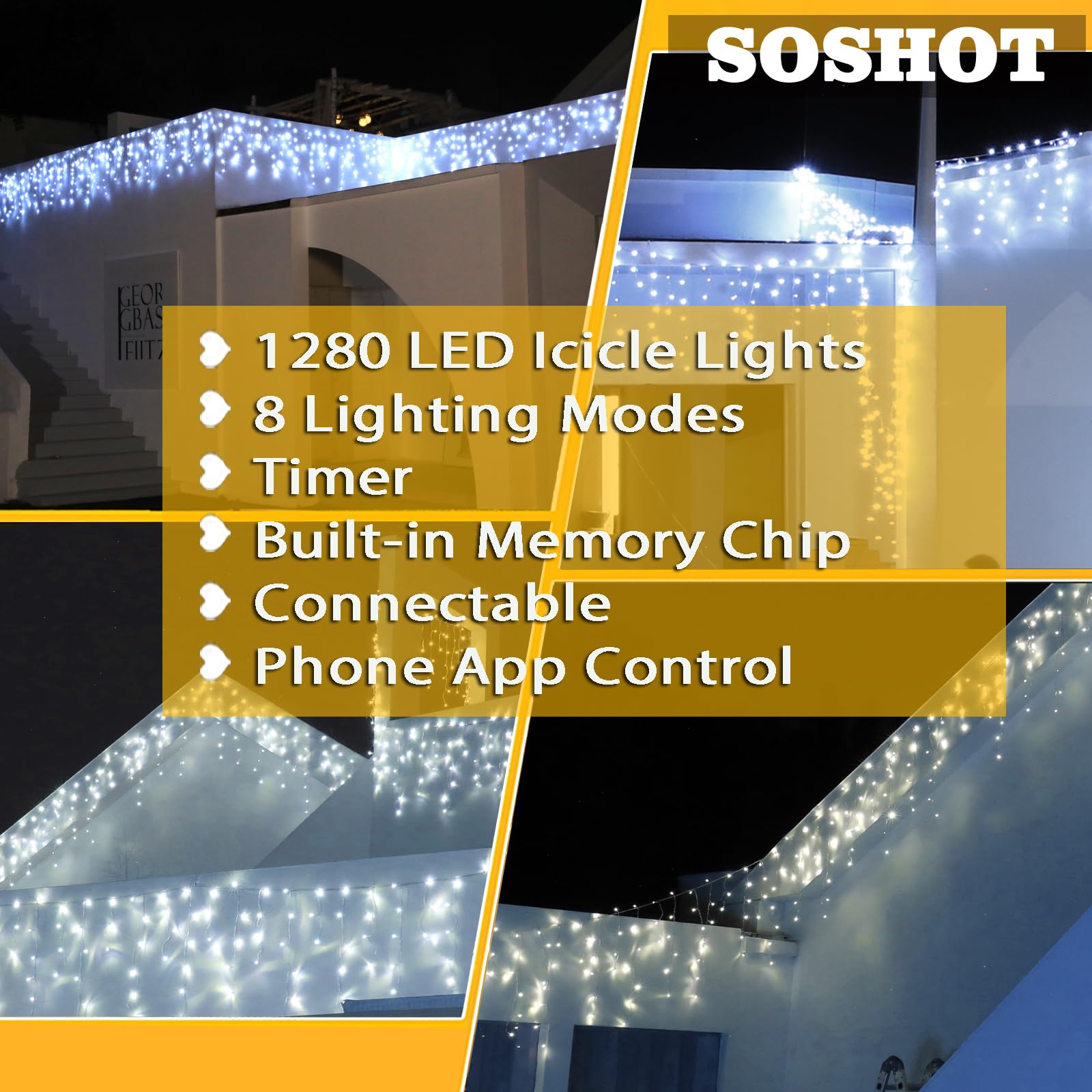 SOSHOT Christmas String Lights - 99Ft/30M, 1280 LED, 8 Modes, Remote Control, Waterproof, White