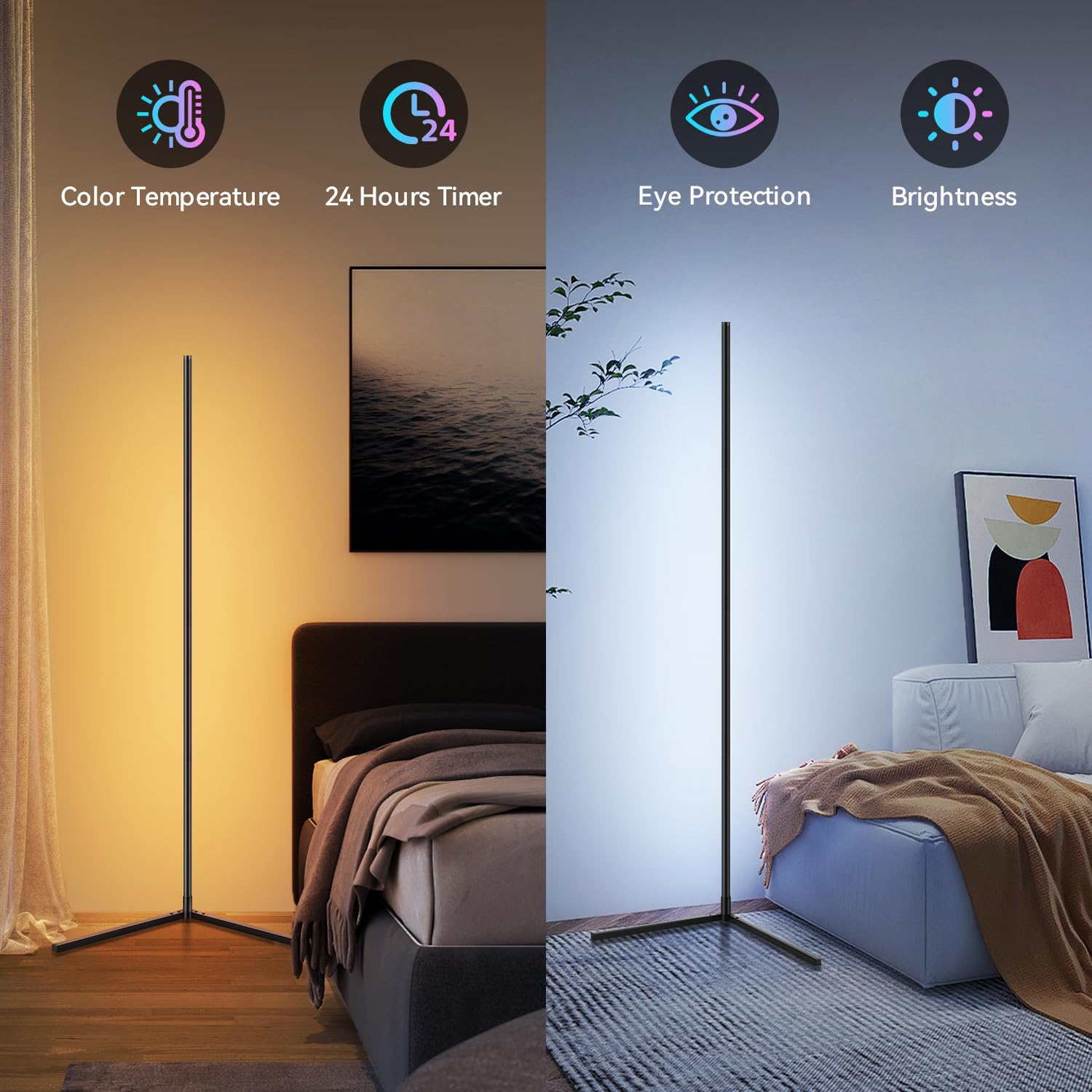 Corner Floor Lamp, Smart Adjust Rgb Led Lights With 20 Million Colors & 800+ Modes, Music Sync, Timer Setting, Bluetooth App & Remote Control – Ideal For Living Rooms, Bedrooms, And Gaming Rooms