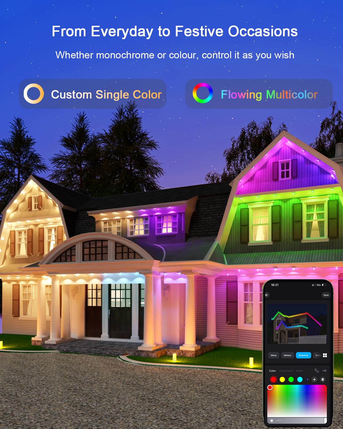 Morpholife 100FT Permanent Outdoor Lights - Smart AI RGB+IC LED, IP67 Waterproof, Alexa/Google Compatible, White