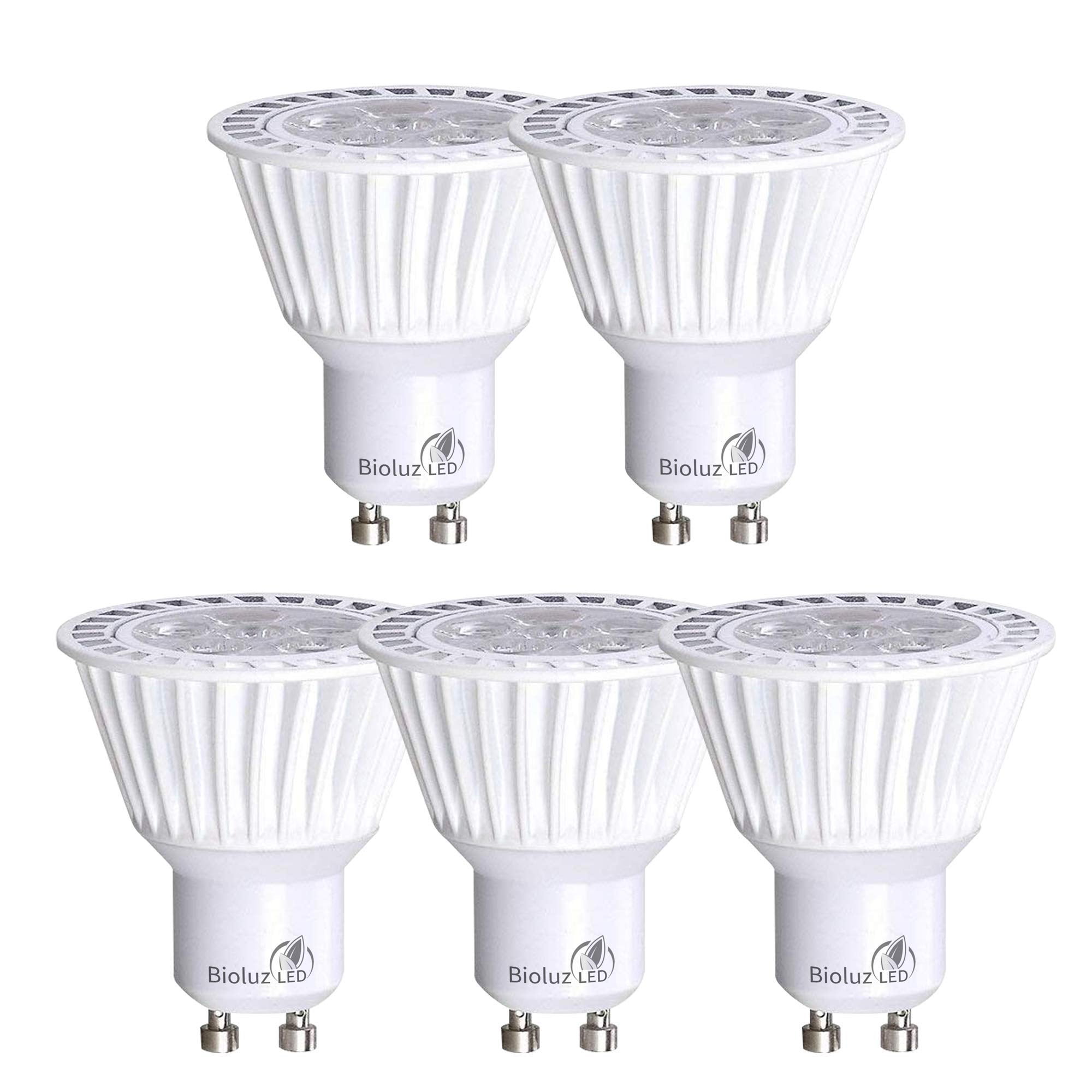 Bioluz LED GU10 5 Pack Dimmable 3000K 50W Replacement Light Bulbs, Aluminum, UL Listed