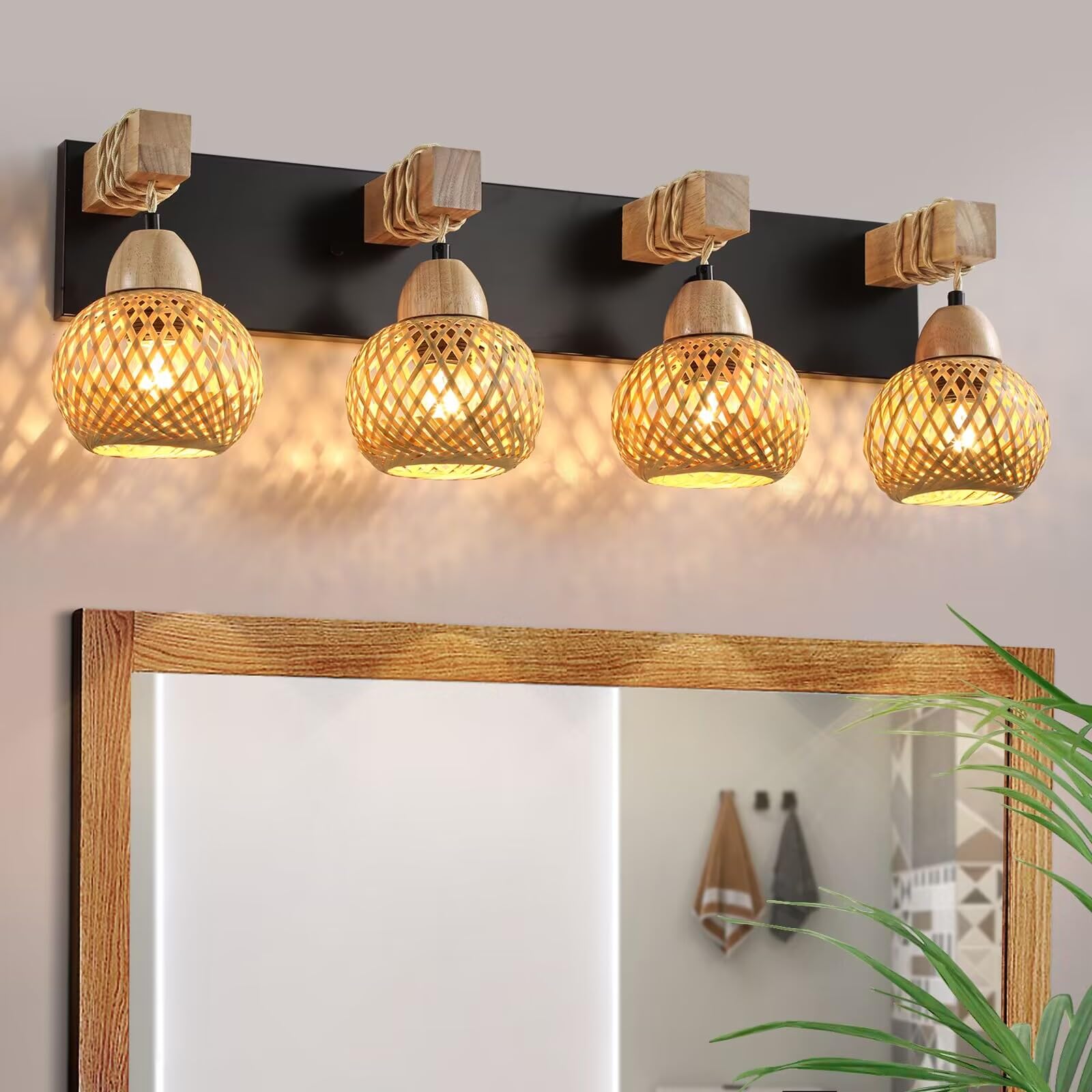 4-Light Bathroom Vanity Light Fixtures,Rustic Style Farmhouse Wood Bathroom Wall Sconce, Handmadebamboo Woven Boho Wicker Basket