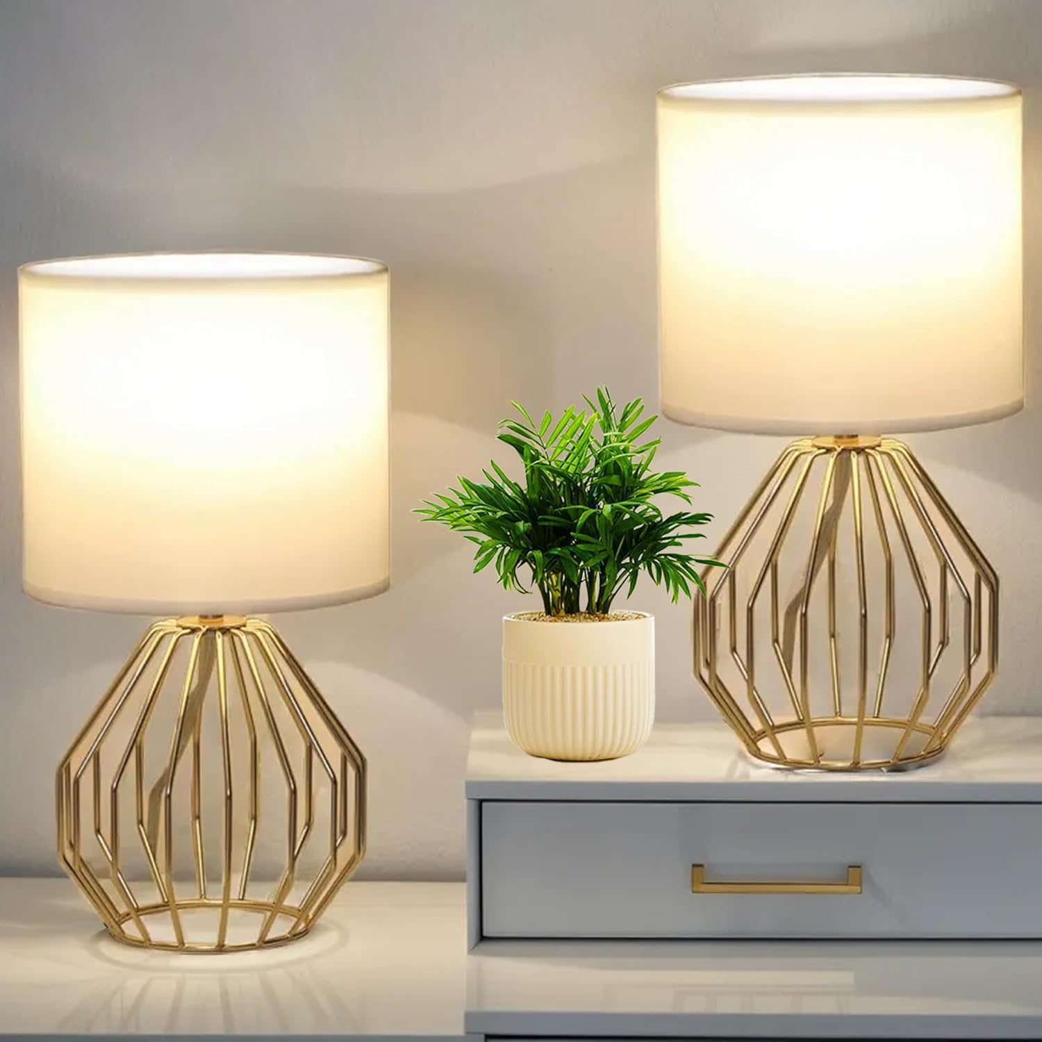 KRASTY Small Gold Table Lamps  Set of 2 Bedside Nightstand Lamps with White Fabric Shade  Metal Base  Hollow Geometric Desk Lamps for Bedroom  Living Room  Office
