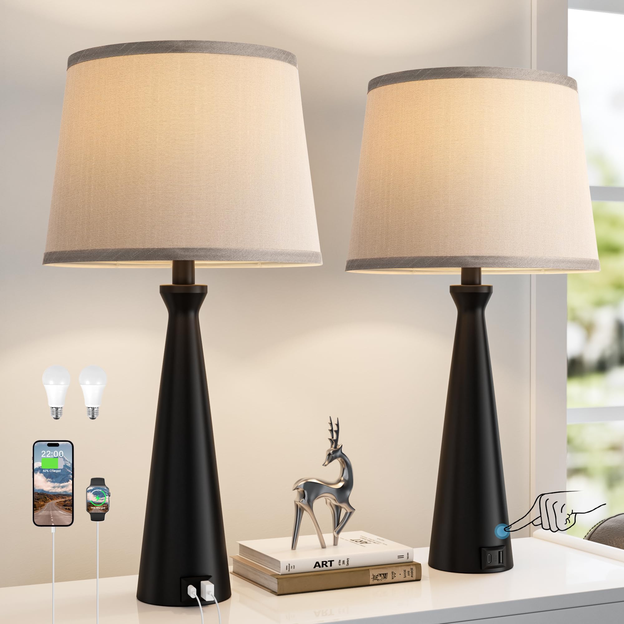Seealle Modern Table Lamps Set of 2 - Touch Bedside Lamp for Nightstand with Dual USB C+A 3-Way Dimmable Nightstand Lamps for Living Room Bedroom End Table with Grey Shade(Bulb Included)