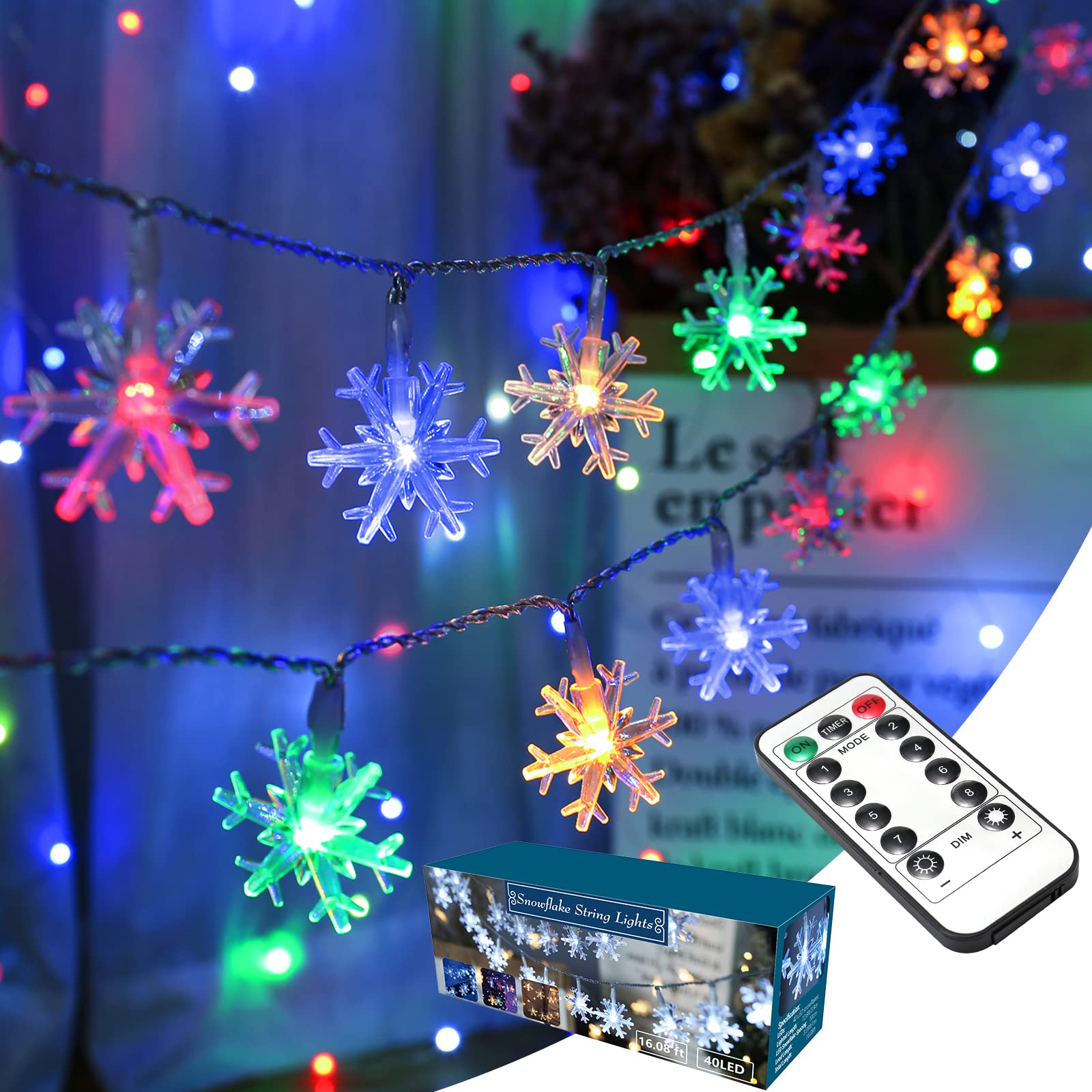 BrizLabs Colored Snowflake Lights, 40 LED 16.08ft Snow Flake Christmas Lights with Remote, 8 Modes LED String Lights Waterproof, Dimmable Battery Xmas Lights for Indoor Outdoor Christmas Tree Decor