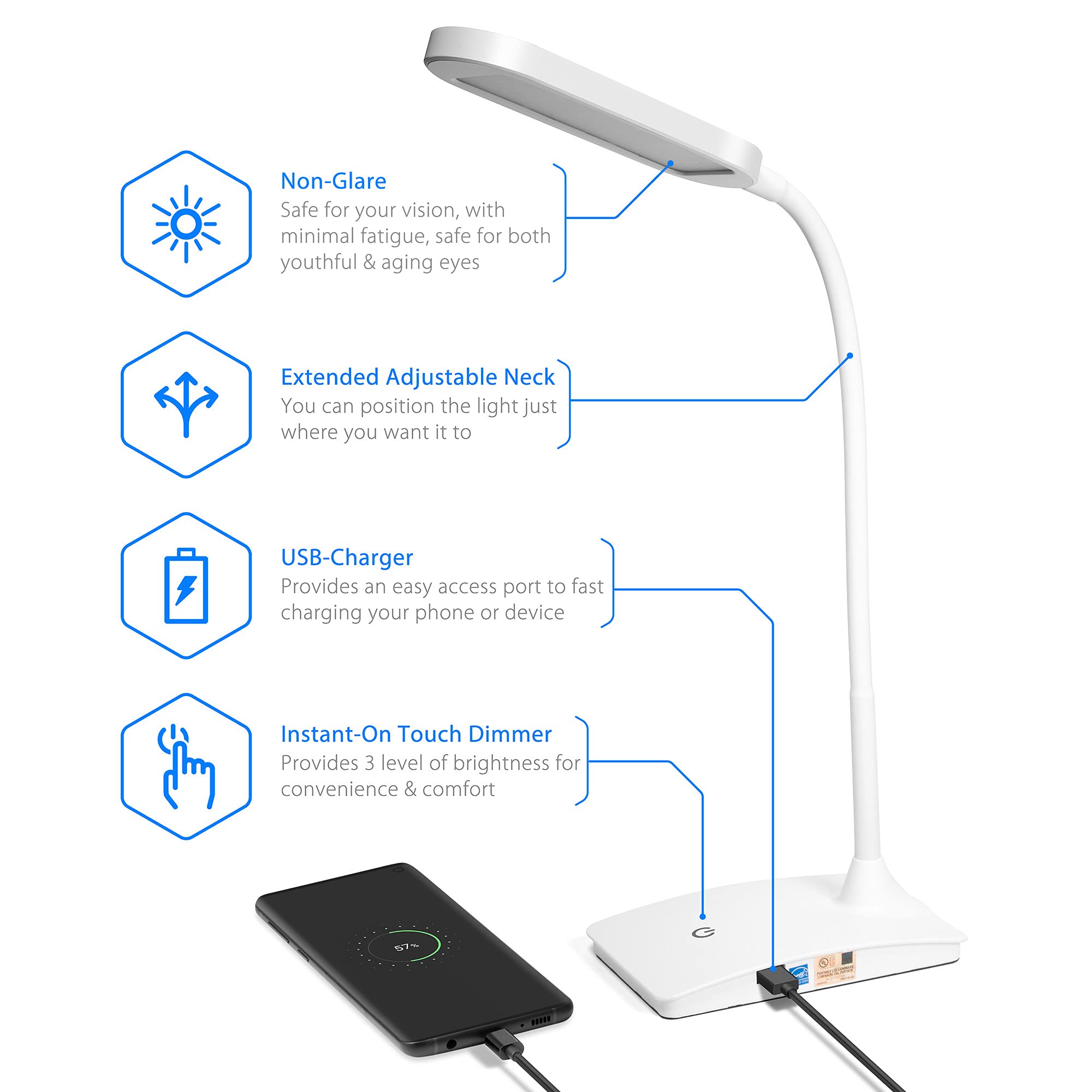 TW Lighting IVY20-40BK Ivy LED Desk Lamp with USB Port for Home Office - Super Bright Small Desk Lamp, a Perfect LED Desk Light