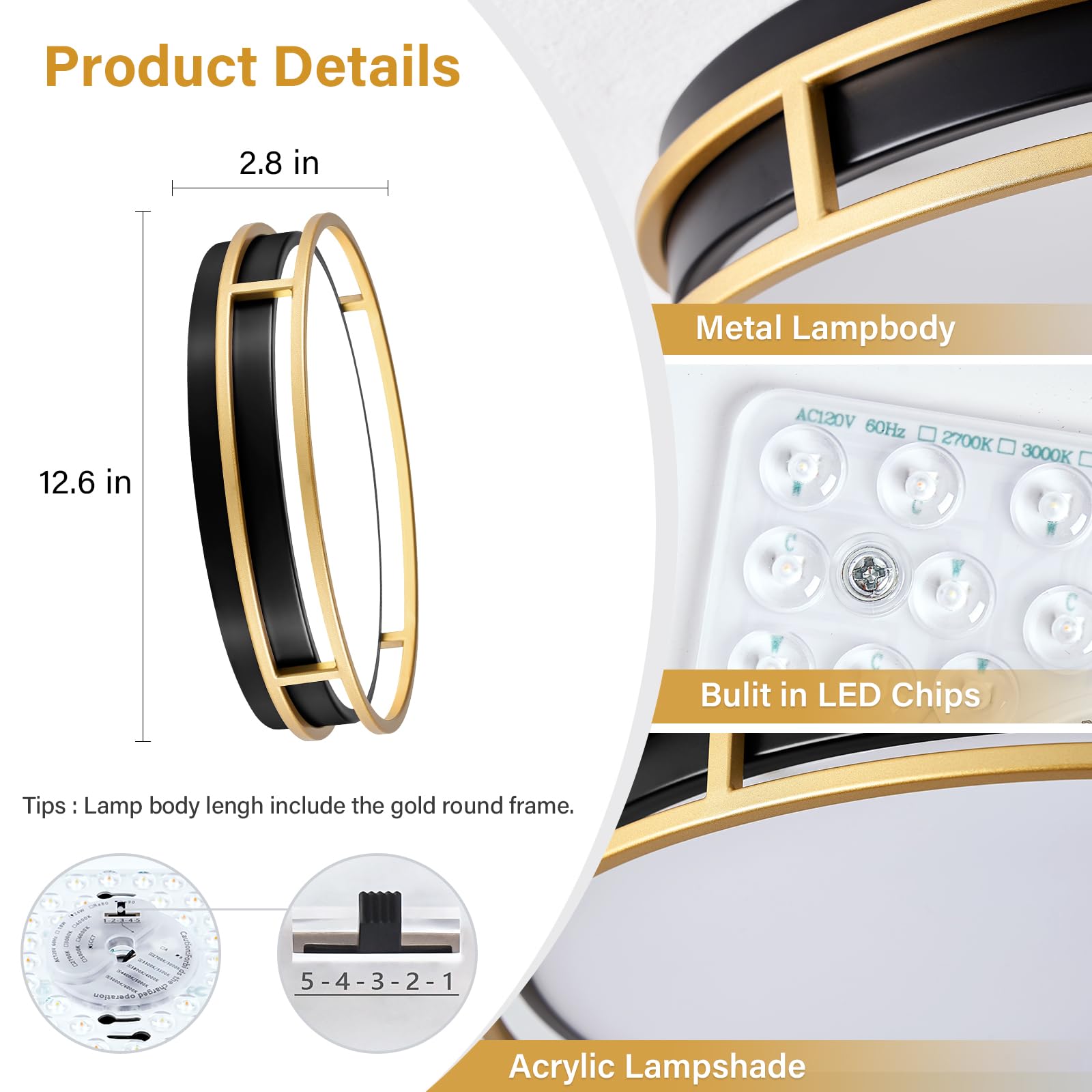 Pevfah Modern Flush Mount Ceiling Light, Dimmable LED, 12.6in, Black and Gold, Model PH240705002