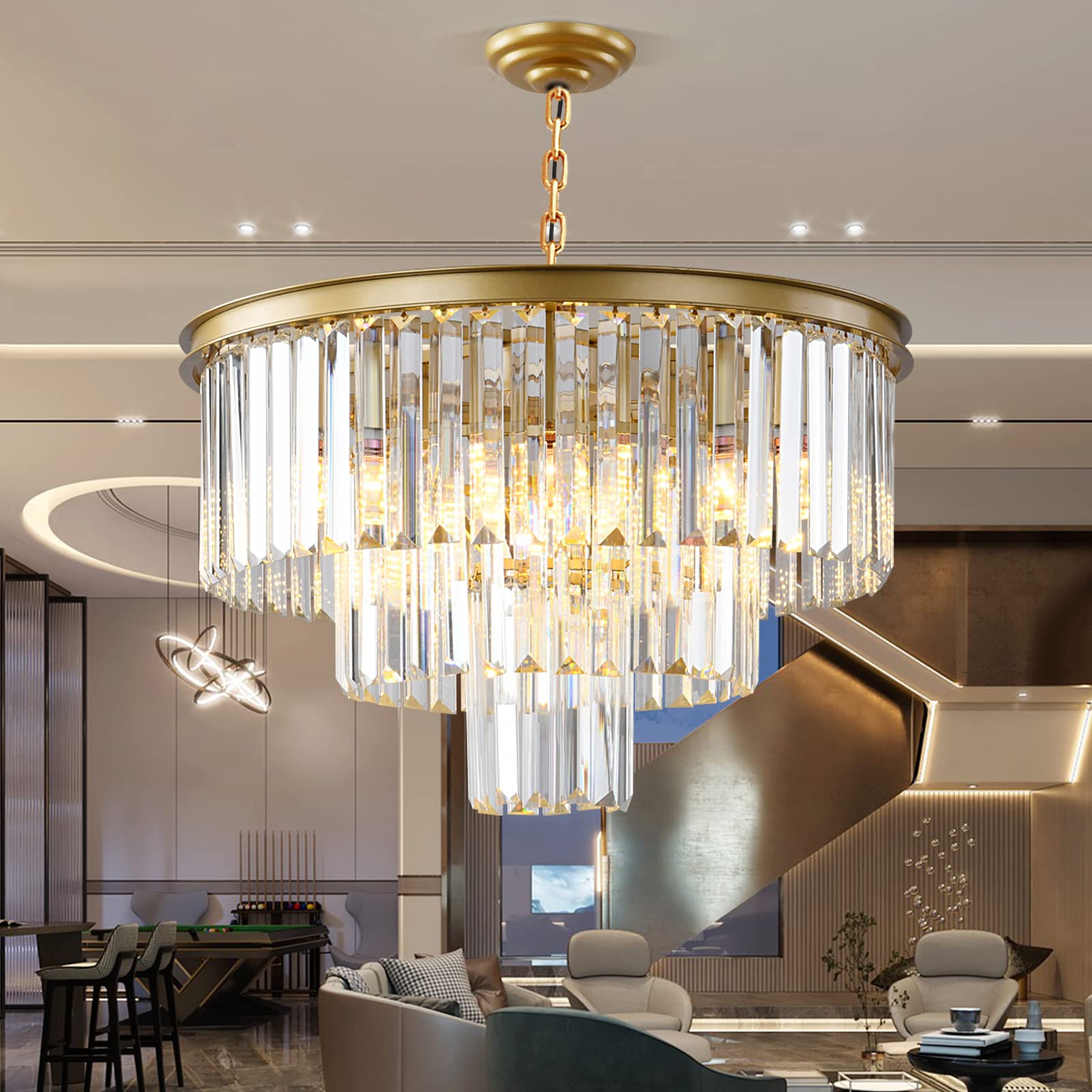 Laiuetai Gold Modern Crystal Chandelier  3-Tier Round Flush Mount Ceiling Light Fixtures Height Adjustable Pendant Lighting For Dining Room Living Room Bedroom Kitchen Hotel Foyer