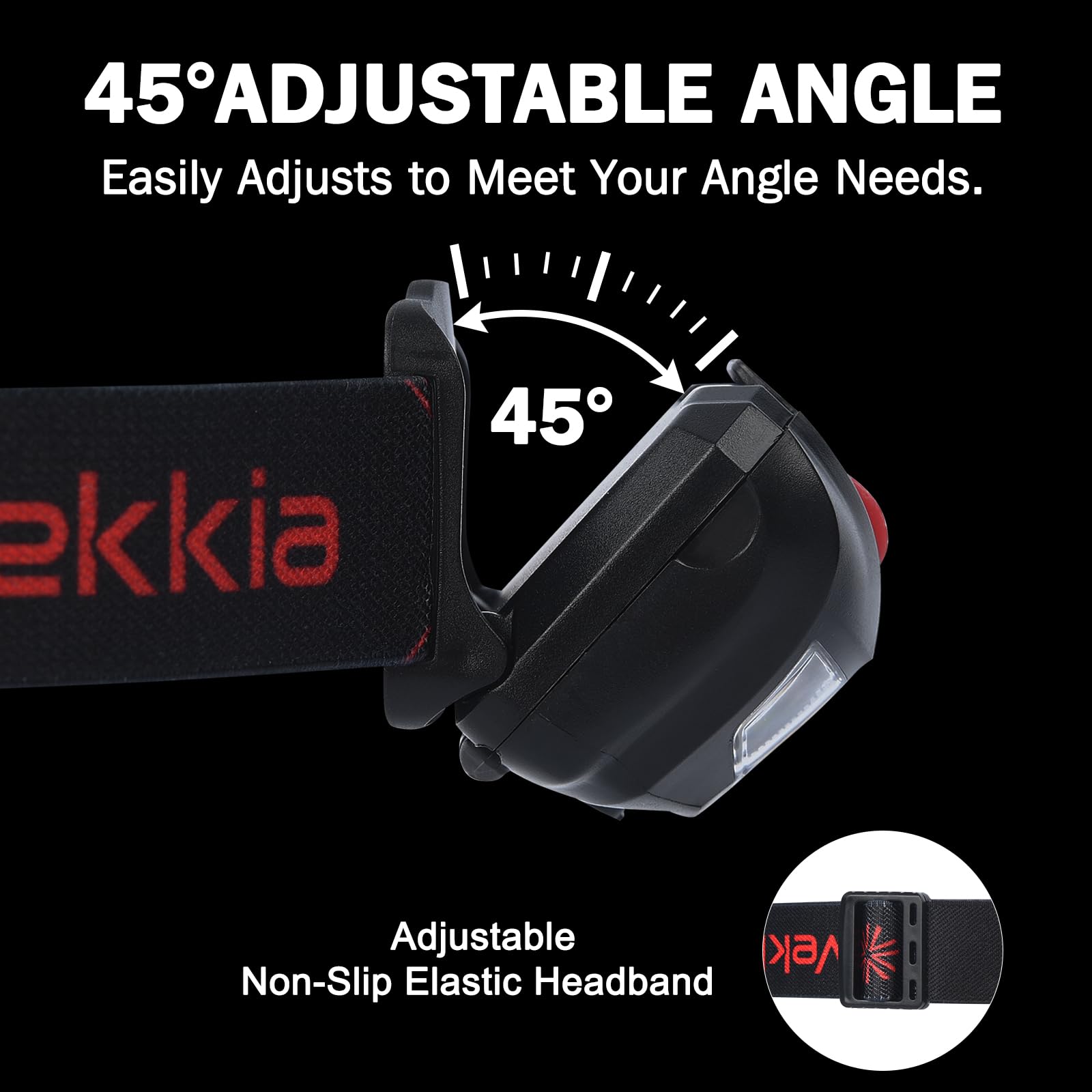 Vekkia LED Headlamp Rechargeable - 5 Lighting Modes, IPX4 Waterproof, Black, Type-C Included, Ideal for Camping, Running, Hiking