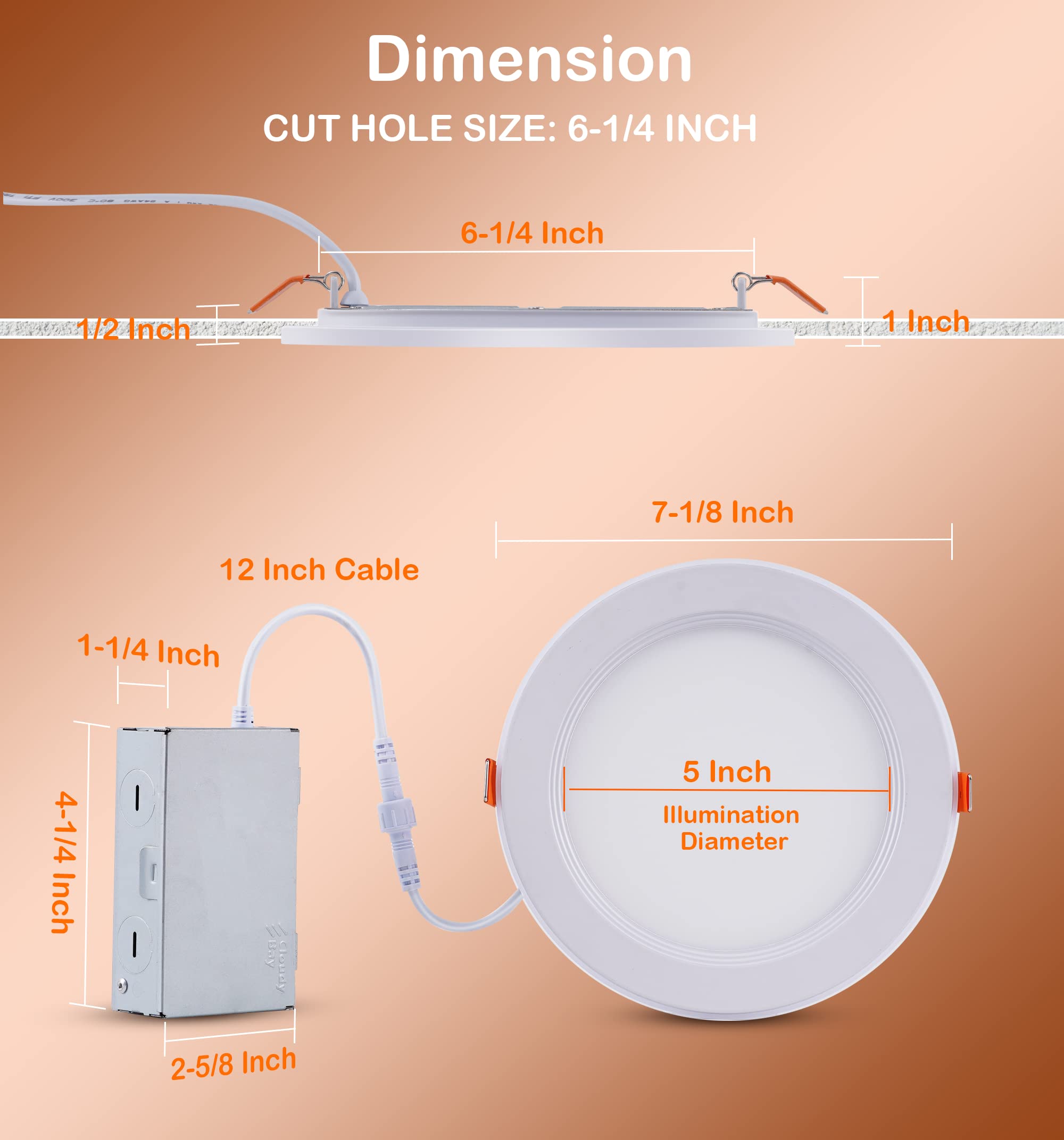 CLOUDY BAY 6 Inch 5CCT LED Recessed Ceiling Light, Dimmable Night Light, Model LJD006WH5CN-6PK