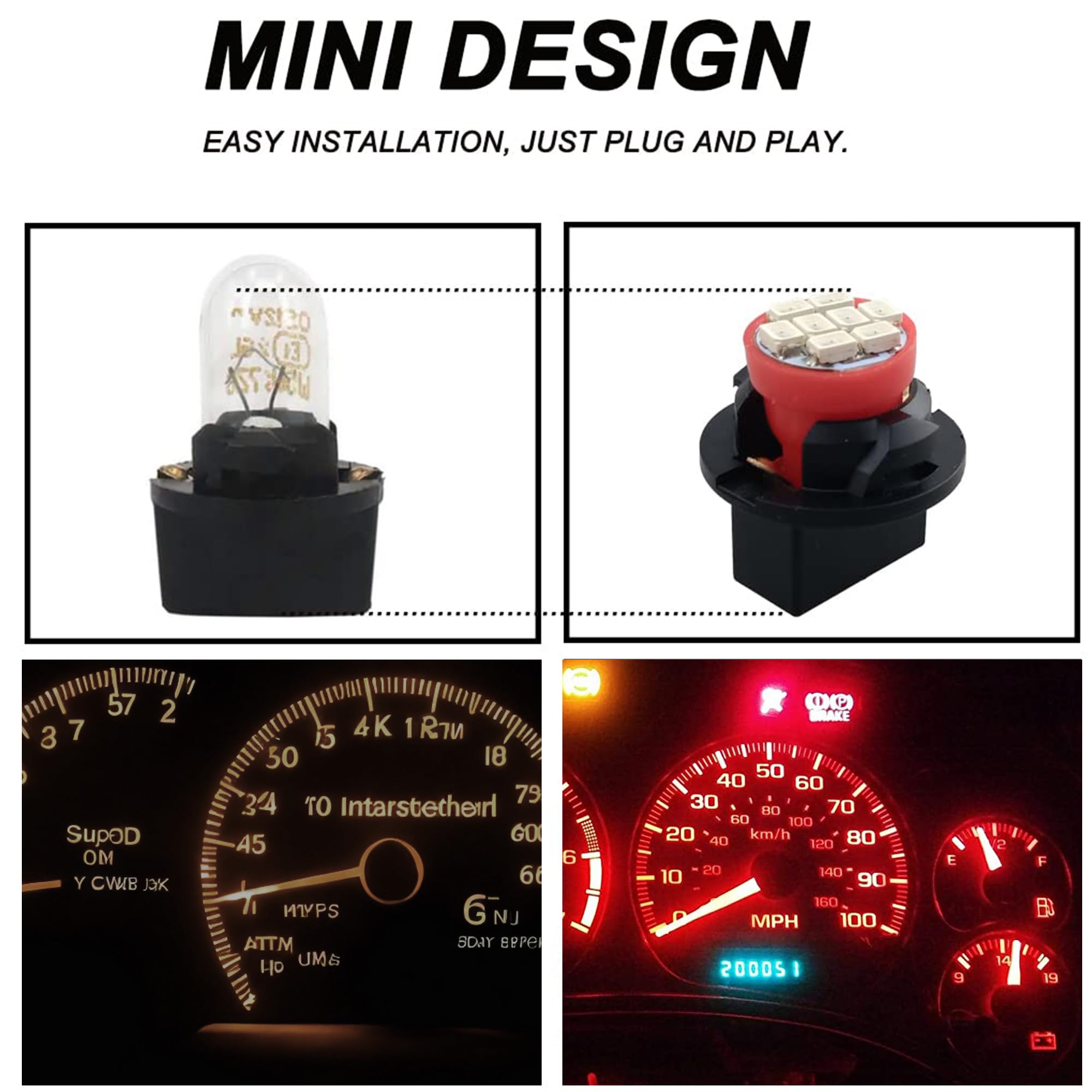 Winetis T10 194 168 Led Dash Instrument Light Bulbs Pure Red With Twist Lock Socket, Extremely Bright T10 Instrument Panel Gauge