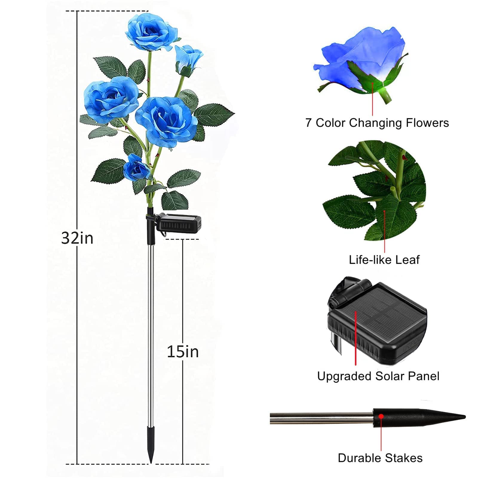 Angmln 2 Pack Solar Garden Lights, Solar Flower Lights Outdoor Waterproof With 10 Head Blue Rose 7-Color Changing Landscape Ligh