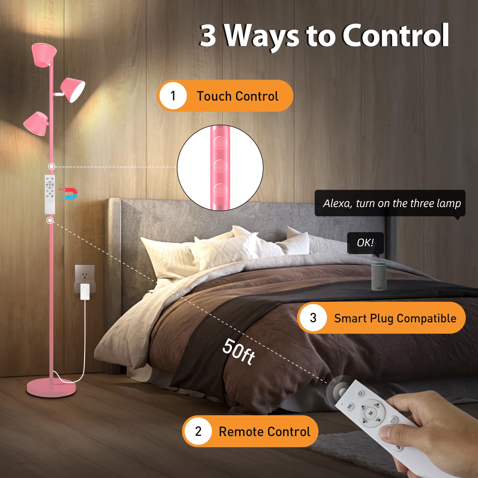 Mixinlei 42W LED Floor Lamp, 68in Modern Dimmable with Remote, 3 Rotatable Lights, 4 Color Temperatures, Pink, Model MXL-Three Light