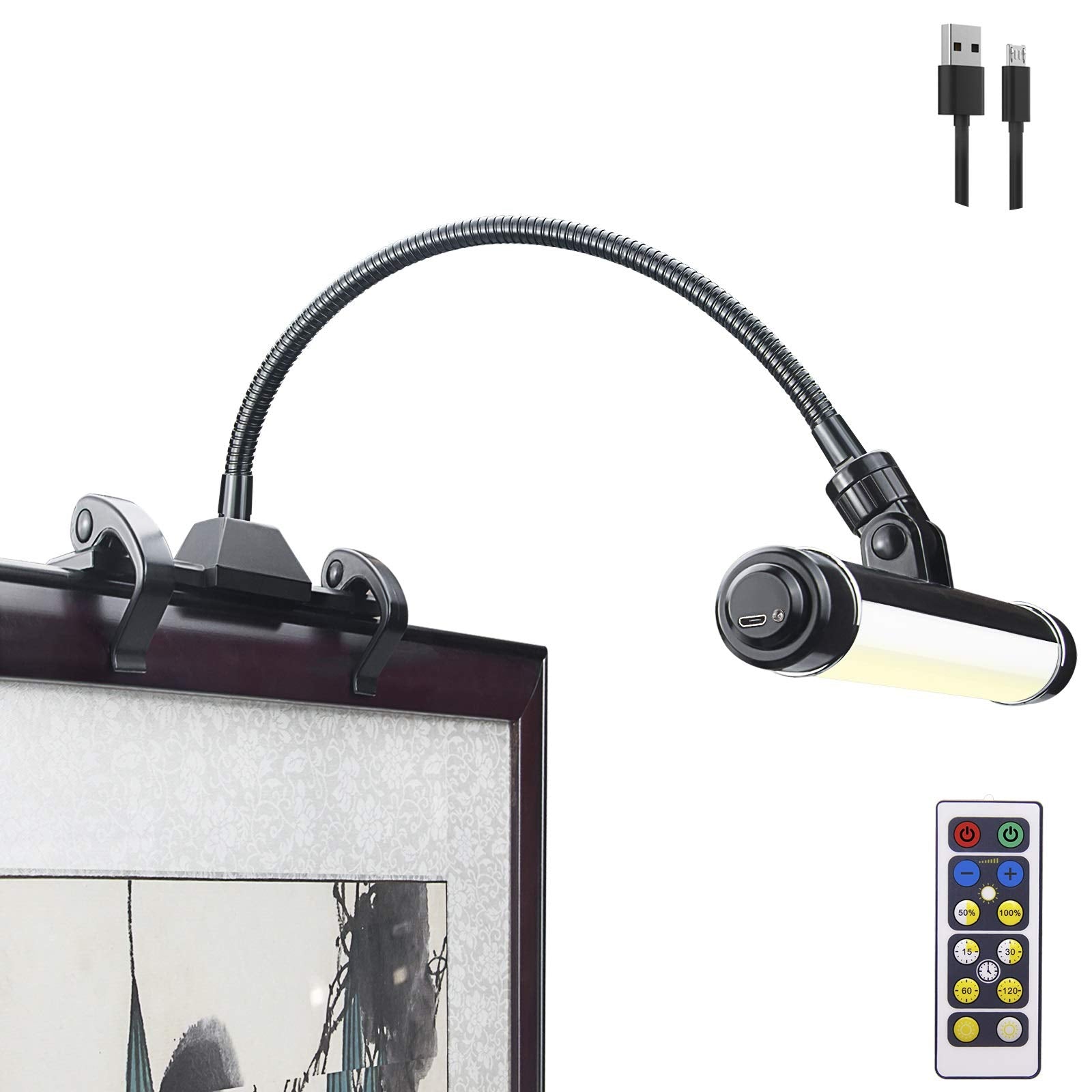 LUXSWAY Wireless Picture Frame Lighting Clip-On, 28 LEDs, 3 Modes, Rechargeable, Flexible Neck, Black, Model DY600YW-Black-1