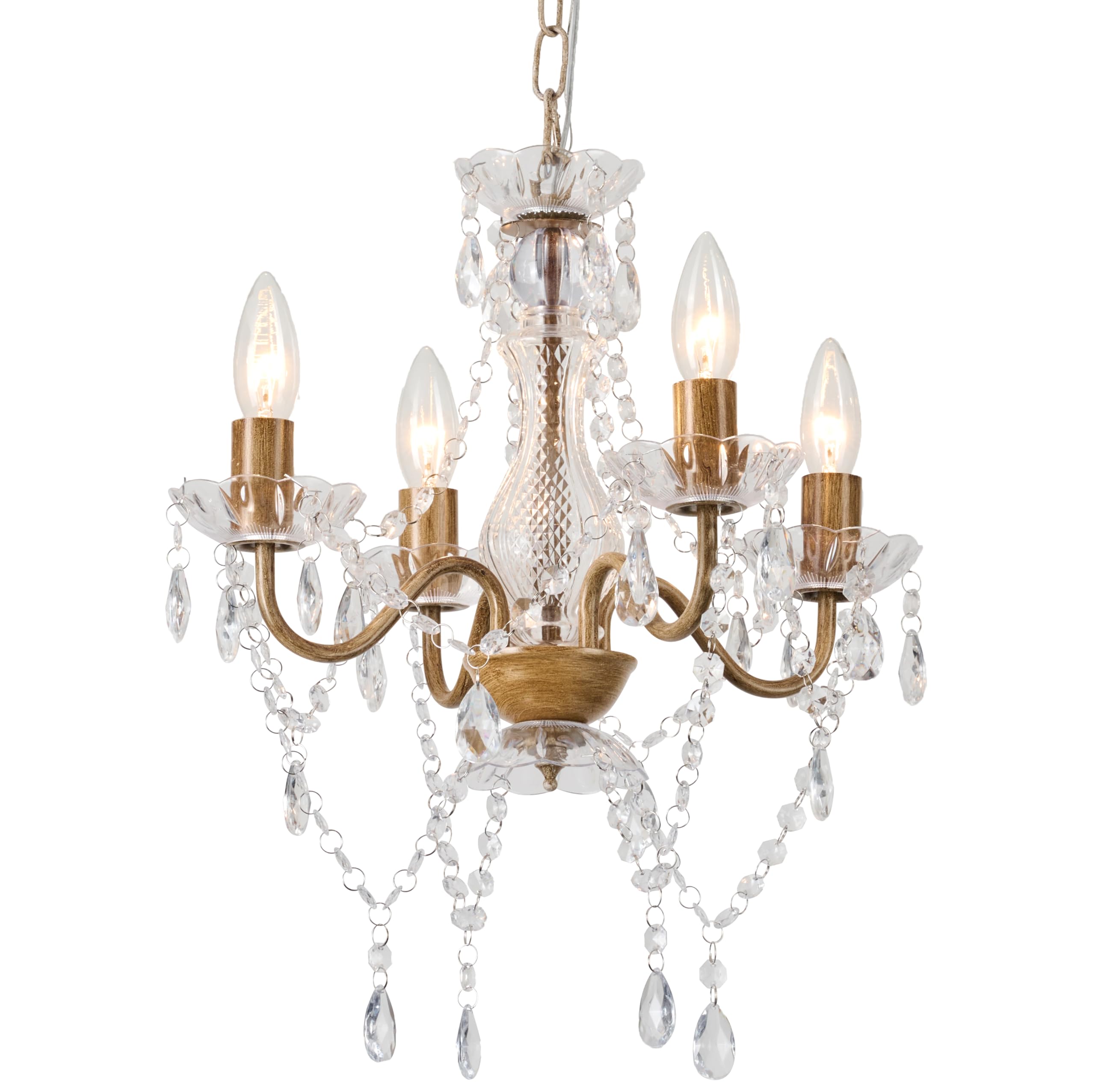 LaLuLa Wood Color Mini Crystal Chandelier, 4 Lights, Metal, Antique Farmhouse Lighting for Dining Room